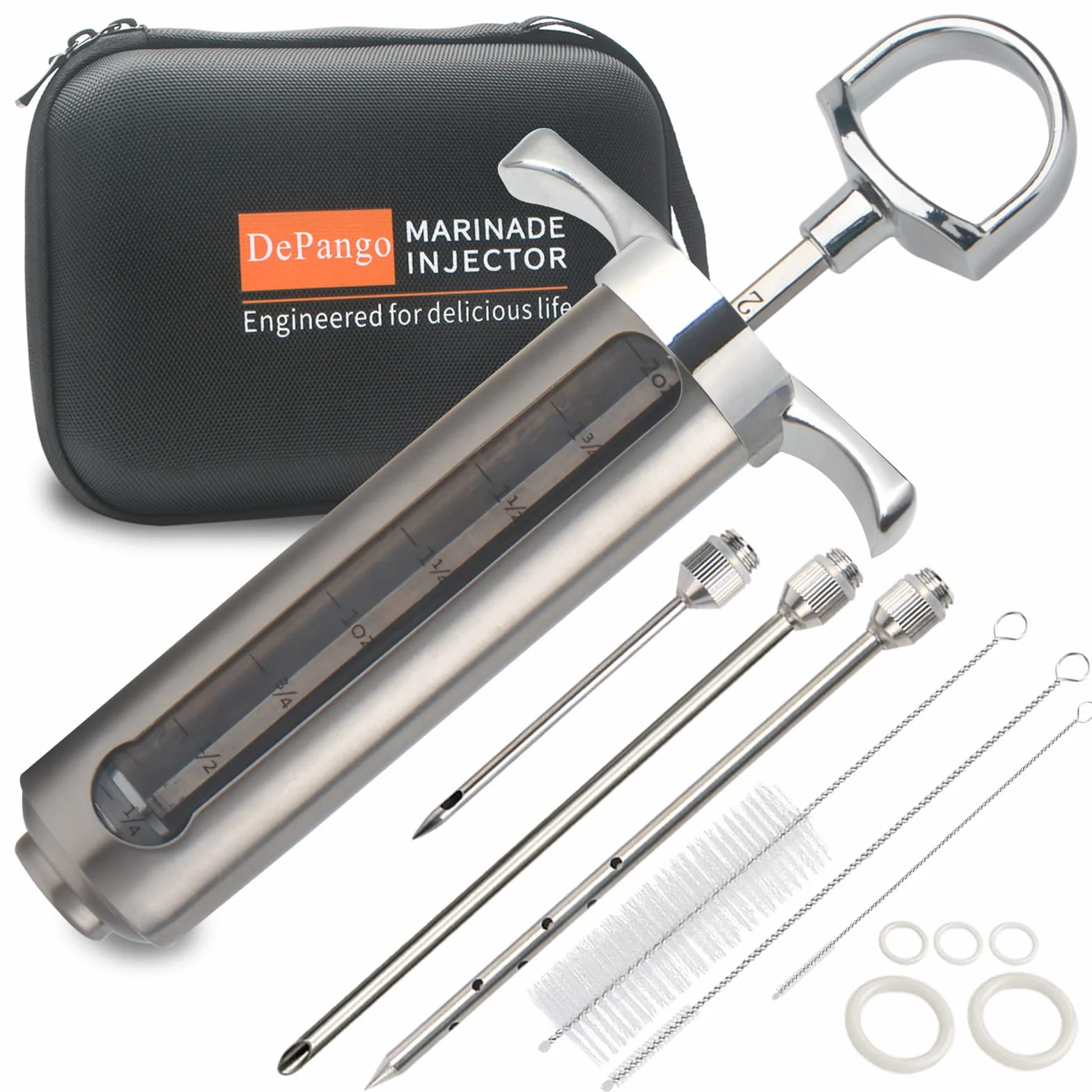 DePango Seringue Alimentaire Injecteur de Marinade 60ml Inox 3 Aiguilles à Viande pour BBQ Steak Poulet