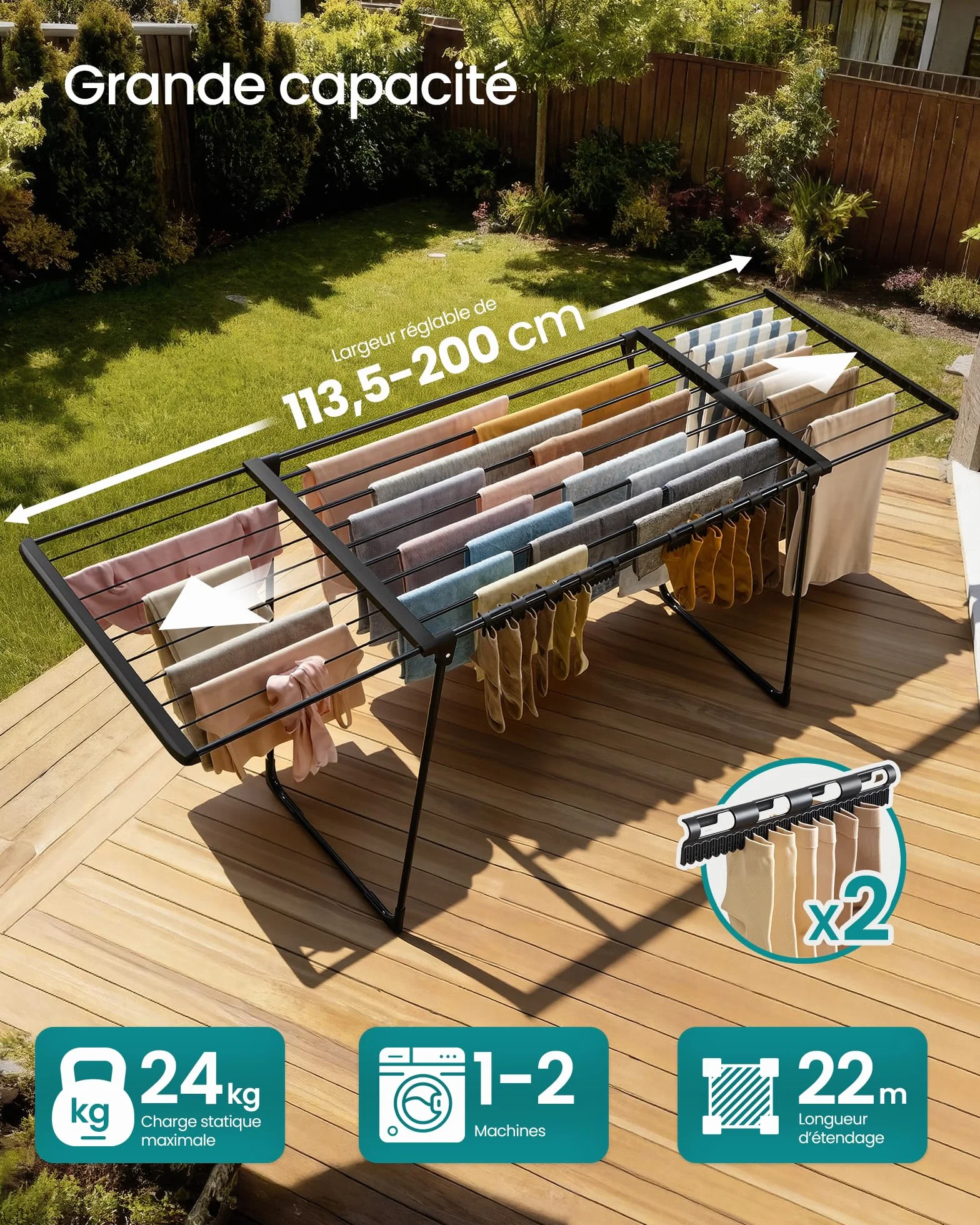 SONGMICS Étendoir à Linge, Séchoir sur Pied, Ailes Extensibles, 22 m de Longueur d’Étendage, avec Porte-Chaussettes, Pliable, Noir LLR522BH01