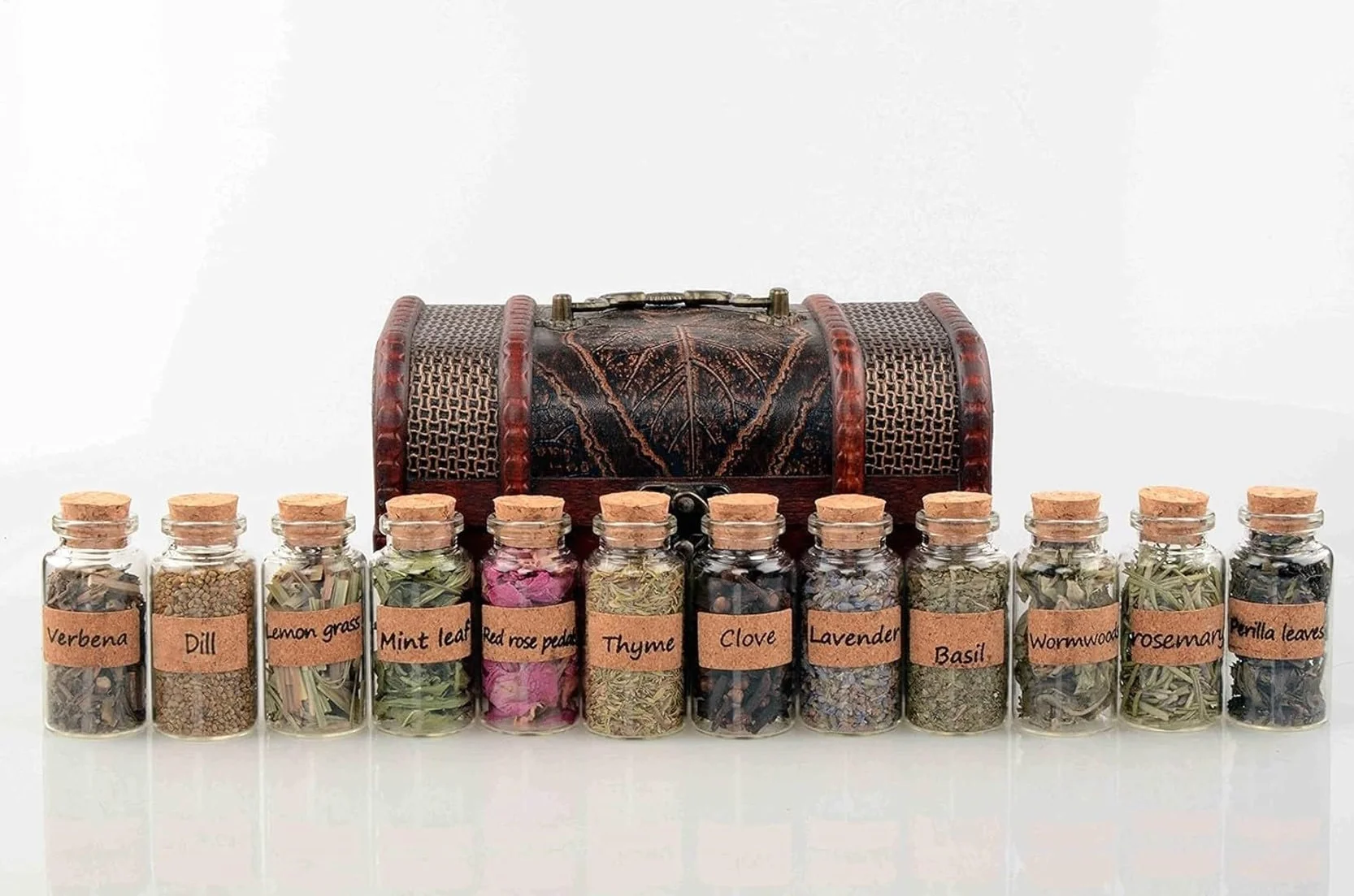 Coffret d’Herbes Séchées Naturelles – 100% Plantes Aromatiques en Flacons Verre avec Bouchon & Pince Vintage – Kit Cadeau pour Rituel, Sorcière, DIY, Aromathérapie, Déco (12 Flacons d’Herbes)