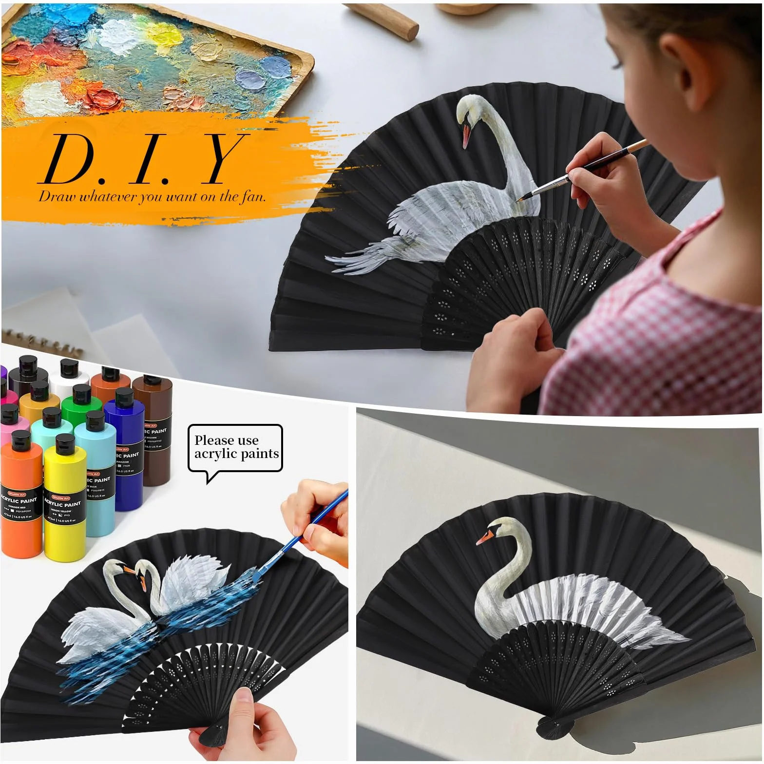 SWAWIS 28 Pièces Éventails Pliants Noir, Ventilateur en Tissu avce 30 Sacs en Organza & Cartes de Remerciement, Eventails Mariage Pliable pour Baptêmes Décorations de Fêtes DIY