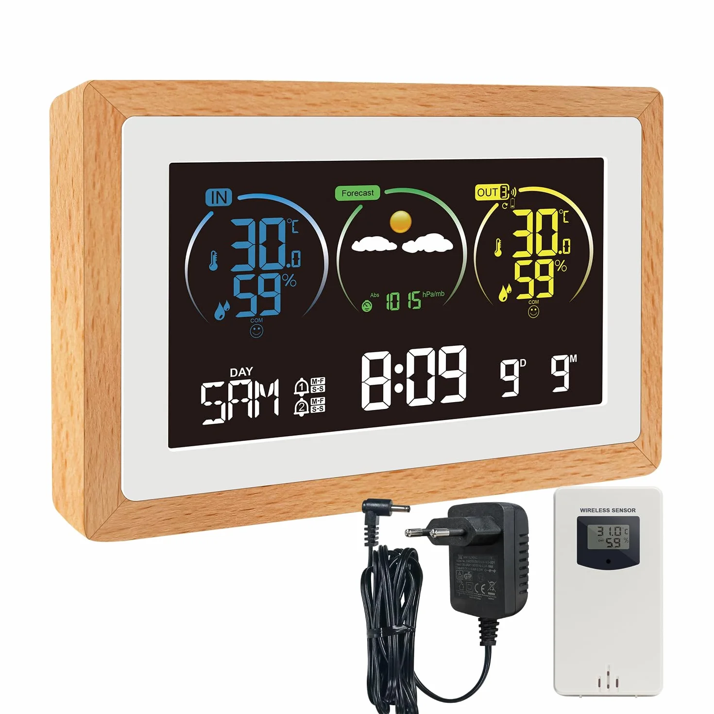 KETOTEK Station Météo Sans Fil avec Capteur Extérieur Thermomètre Hygromètre Horloge Radio-pilotée DCF Prévisions Réveil Rétro-éclairage