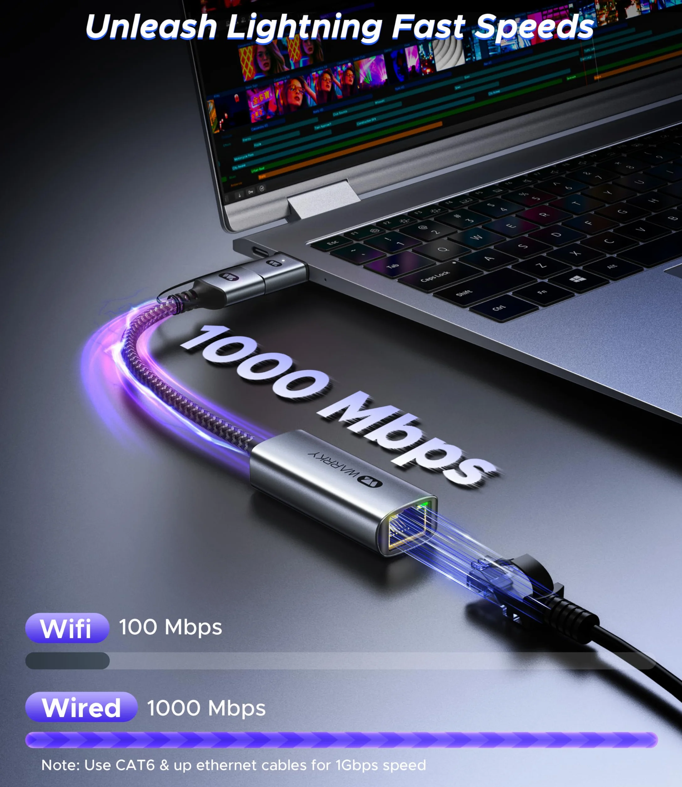 WARRKY Adaptateur USB Ethernet 1Gbps 2-en-1 USB 3.0 USB-C vers RJ45 LAN