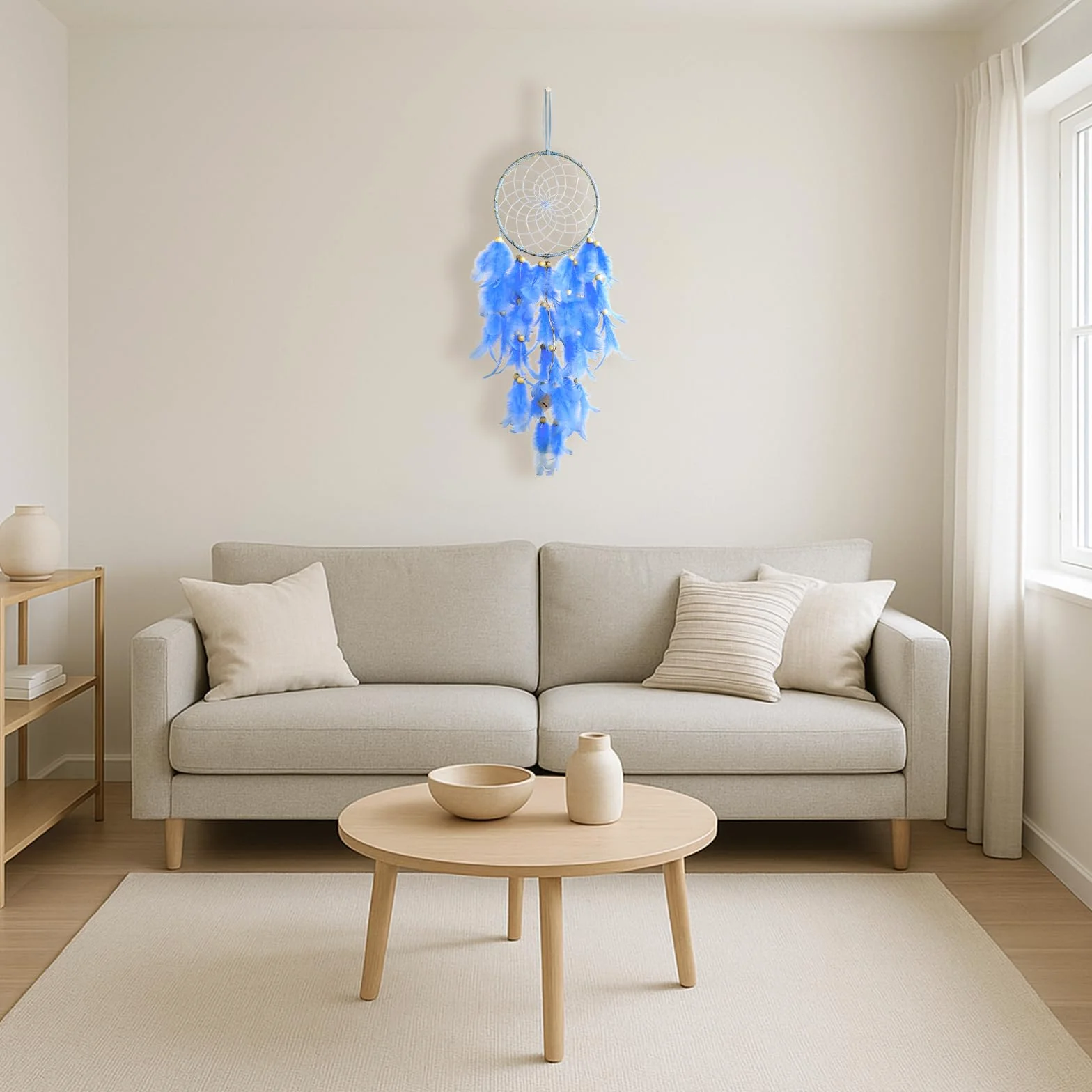 Attrape-rêves en plumes LED bleu - Décoration murale bohème