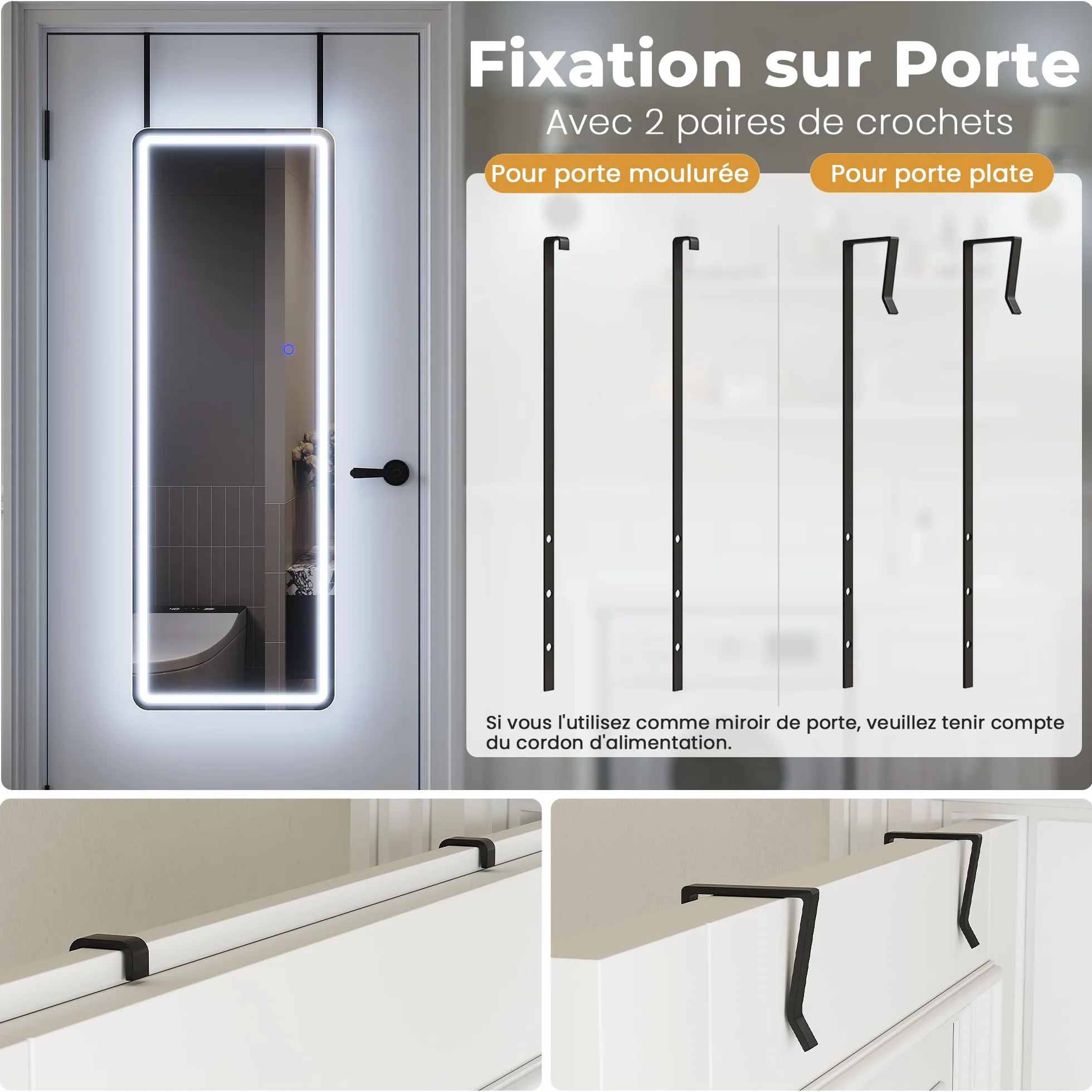 LED Miroir Mural 120x37cm Pleine Longueur avec Lumière Grand Miroir de Porte Suspendu Blanc