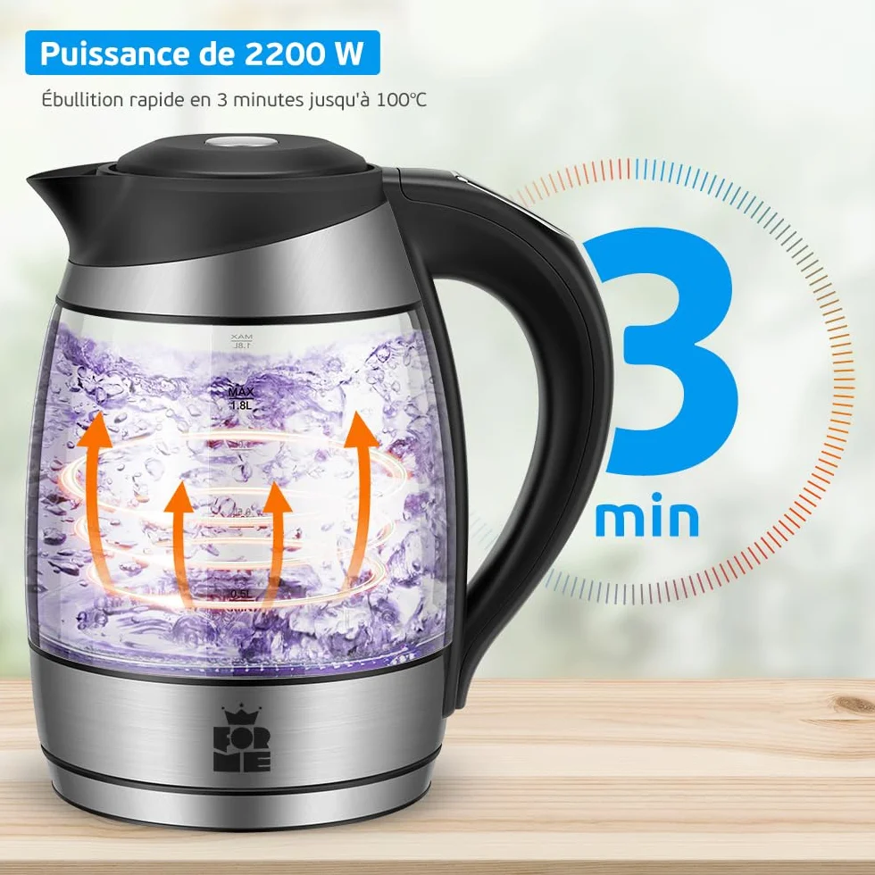 FOR ME Bouilloire Électrique en Verre 1.8L, Contrôle de la Température, Maintien au Chaud, Sans BPA