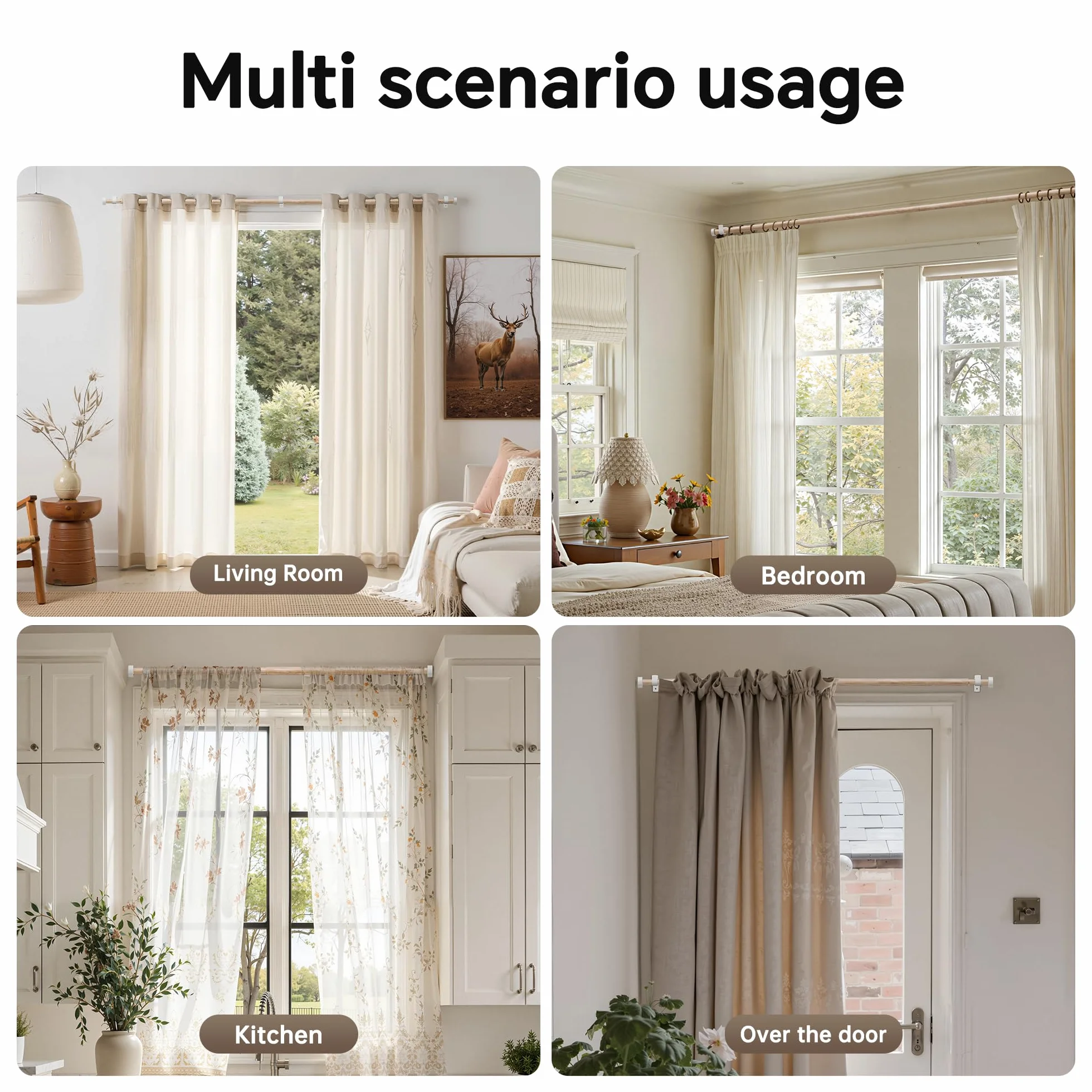 Tringle Rideau Grain de Bois 76-208 CM, Extensible 19 MM avec Embout Blanc, Métallique pour Rideaux à Œillets