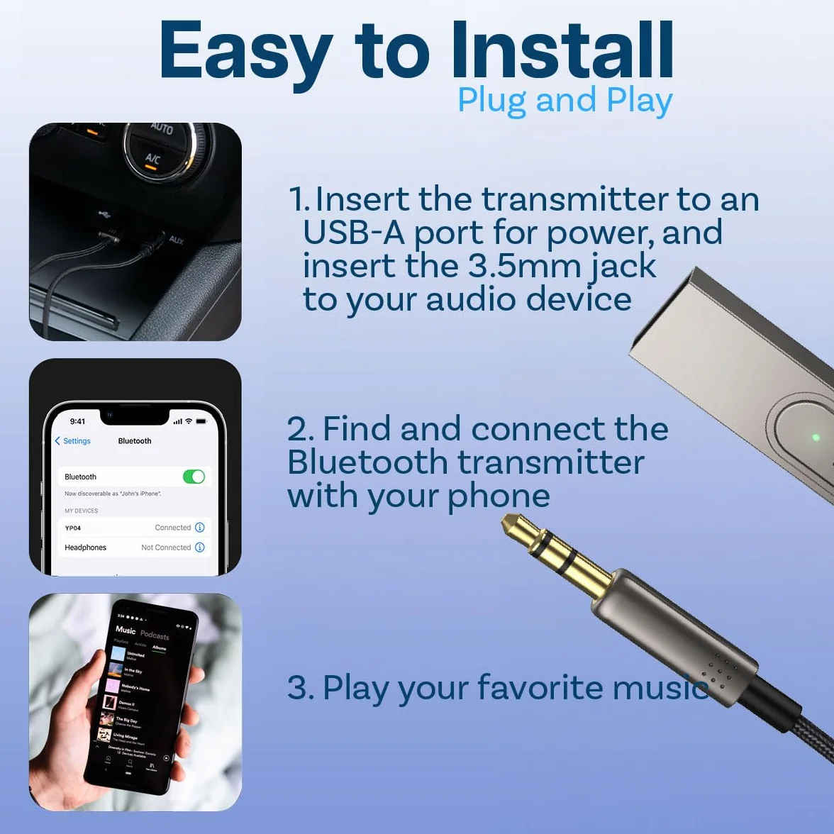 MMOBIEL Aux Bluetooth Odbiornik Samochodowy USB 3,5 mm AUX - Adapter Bluetooth USB-A do Gniazda 3,5 mm z Mikrofonem Odbiornik do Słuchania Muzyki i Prowadzenia Rozmów w Trybie Głośnomówiącym