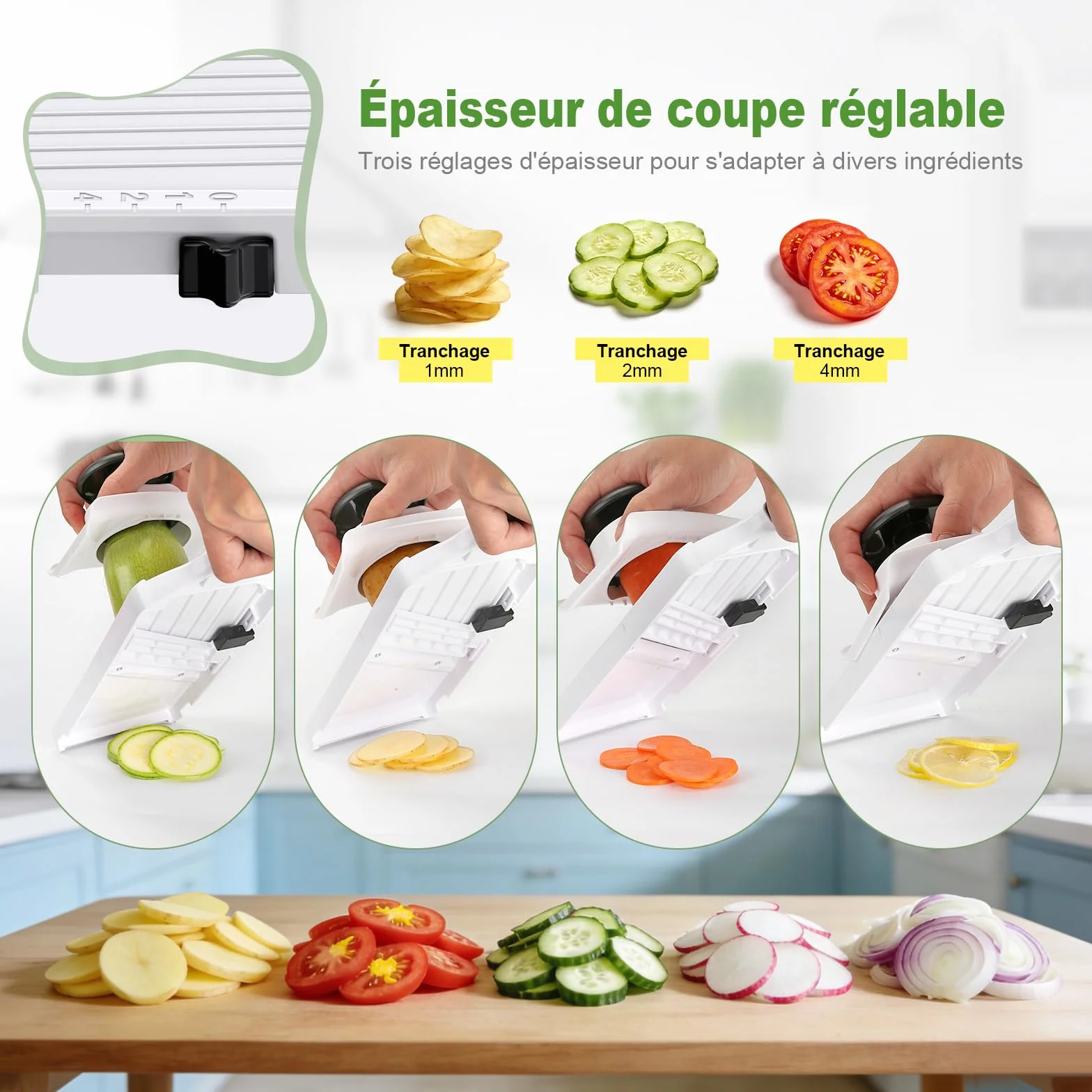 Ibergrif M526 Mandoline Cuisine Multifonctions Manuel Réglable 1–4 mm, Coupe-Légumes avec Protection anti-doigts & Verrou de Sécurité