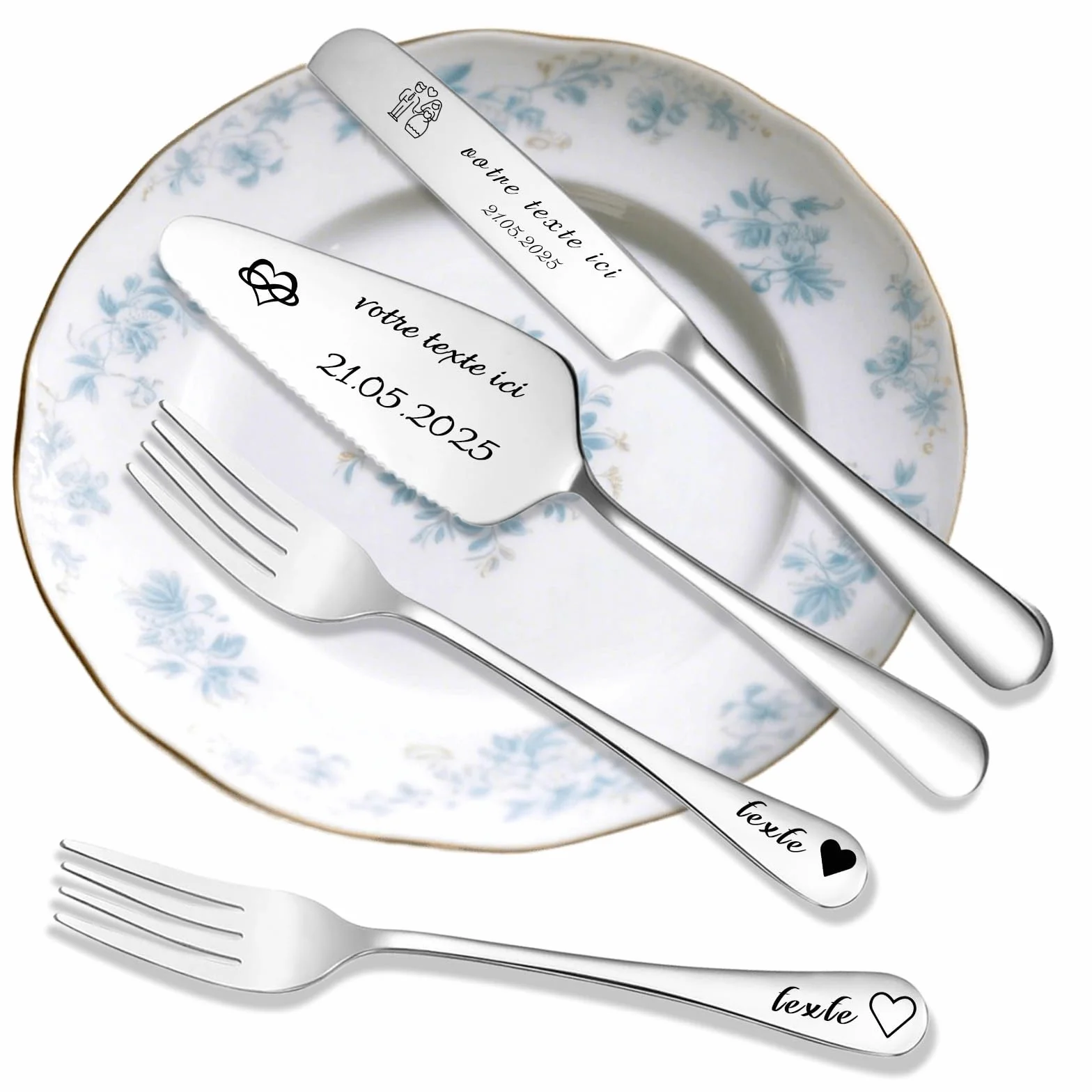 Couteau à Gâteau Mariage Personnalisé Ensemble Acier Inoxydable Gravure Cadeau Fiançailles Argent