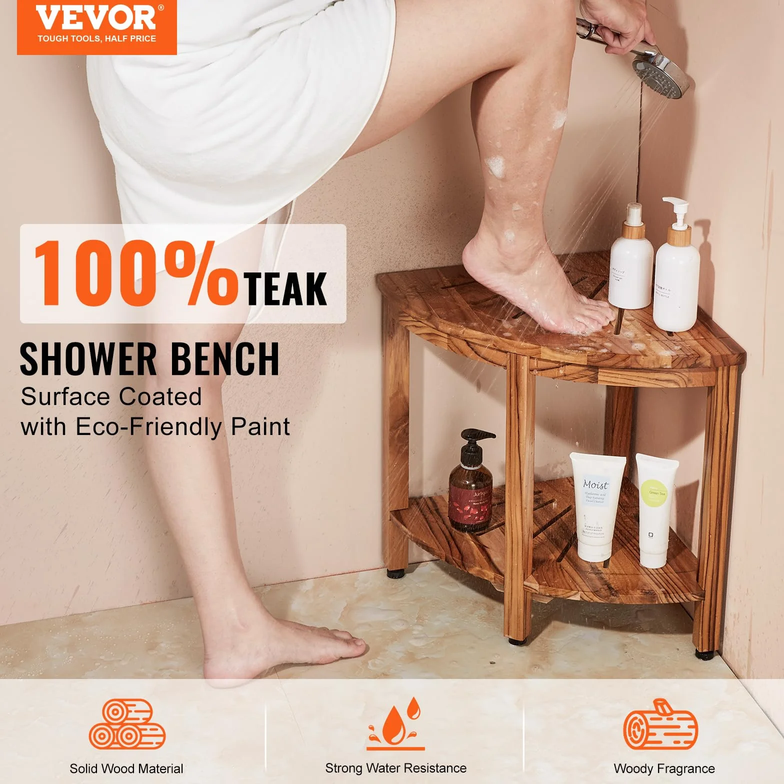 VEVOR Banc de Douche d'angle, Hauteur 47 cm, Rayon 39,2 cm, Tabouret en Teck, Capacité de Charge 227 kg, avec Étagère de Rangement, pour Douche Intérieure et Extérieure, Coin, Salle de Bain, Salon