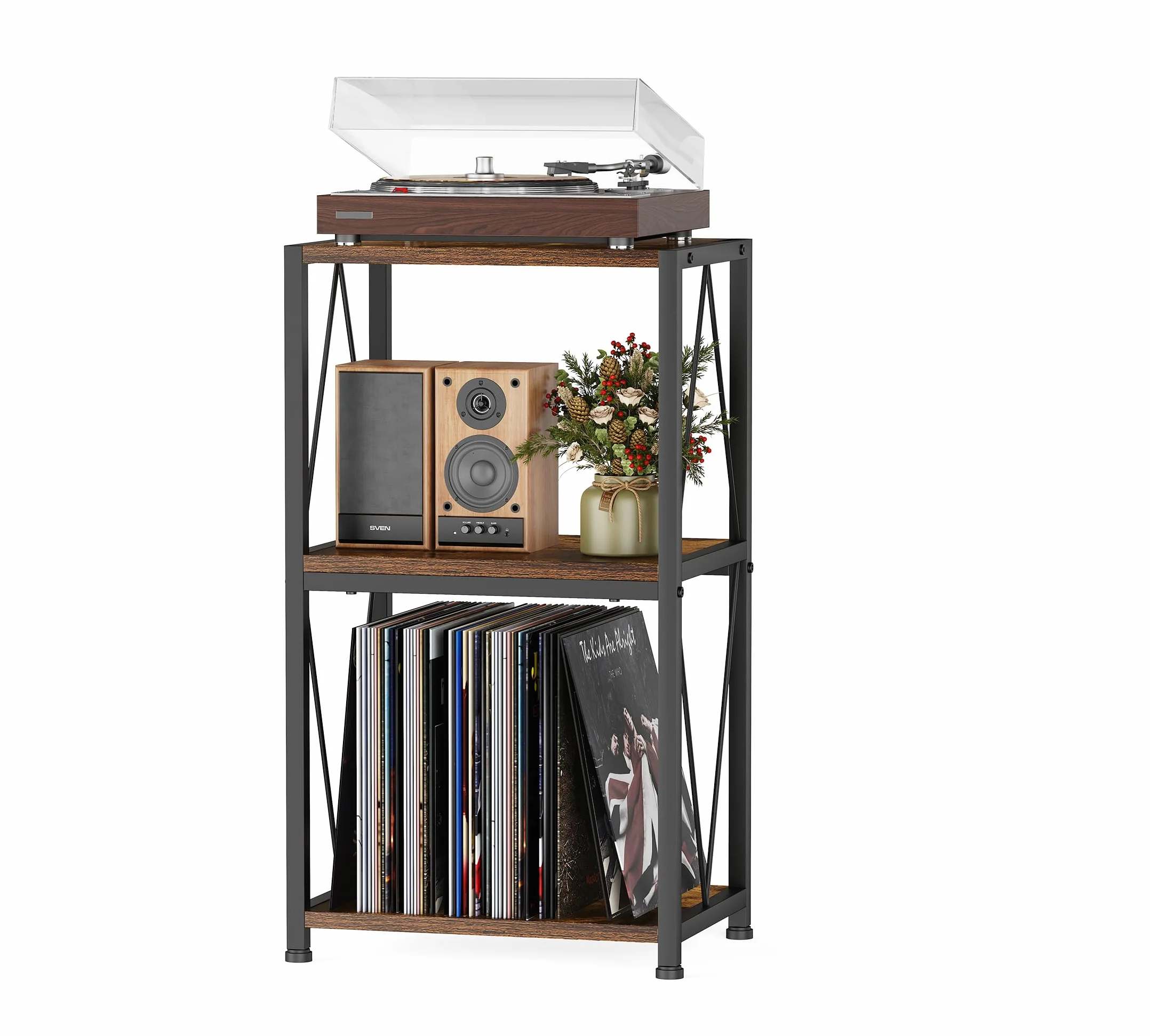 HFHOME Rangement pour disques vinyles à 3 niveaux, table d'appoint, meuble pour platine vinyle pour rangement et affichage de disques, support pour platine tournante dans le salon, la chambre, la