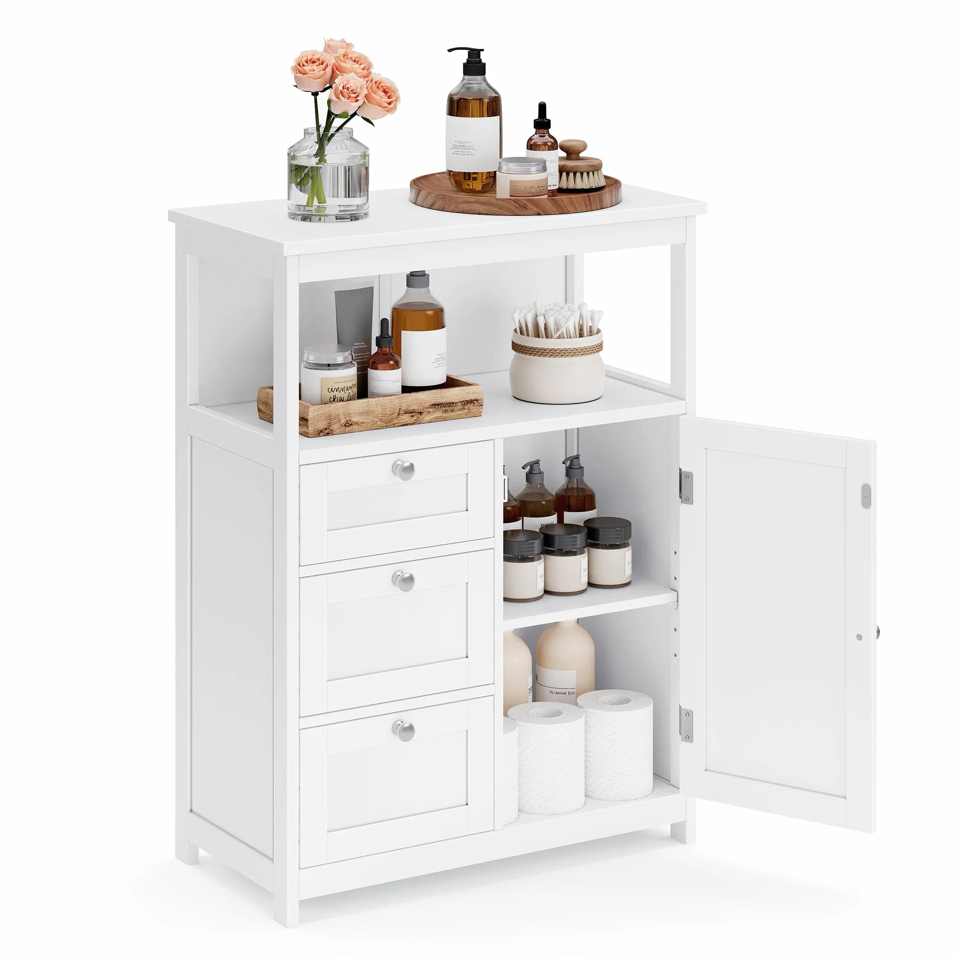 VASAGLE Meuble de Salle de Bain, Meuble de Rangement, Commode, Placard, Armoire, avec Étagères Réglables, 3 Tiroirs, 30 x 60 x 80 cm, Blanc BBC542P31V1