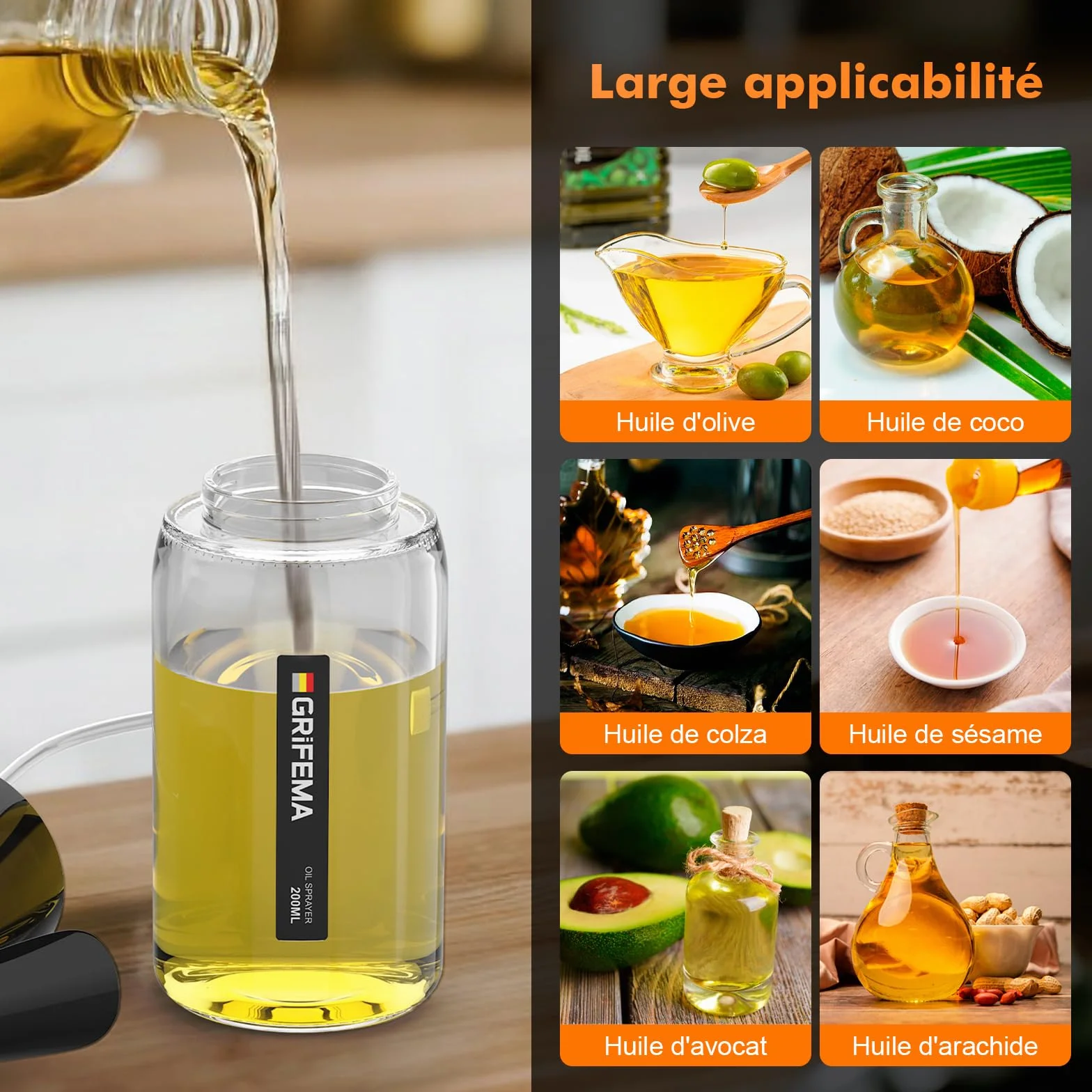 GRIFEMA Spray d'Huile à Jet Contrôlé 200 ml en Verre – Distributeur Antigoutte pour Huile et Vinaigre, Contrôle des Portions, Friteuse à Air, Grillades et Cuisine