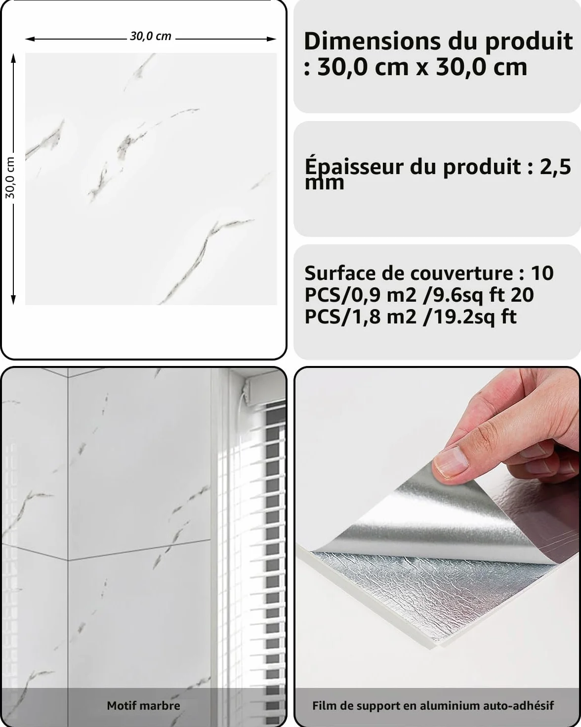 Carreaux adhésifs marbre 30x30cm étanches PVC blanc nuage pour douche cuisine salle de bain