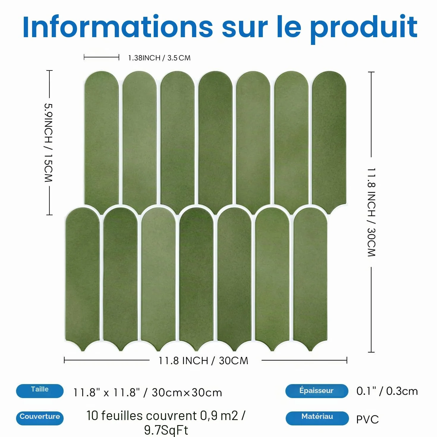 COMSTICKC Mat Vert Credence Adhesive 3D Carrelage Mural 30x30 cm 10 Pièces PVC