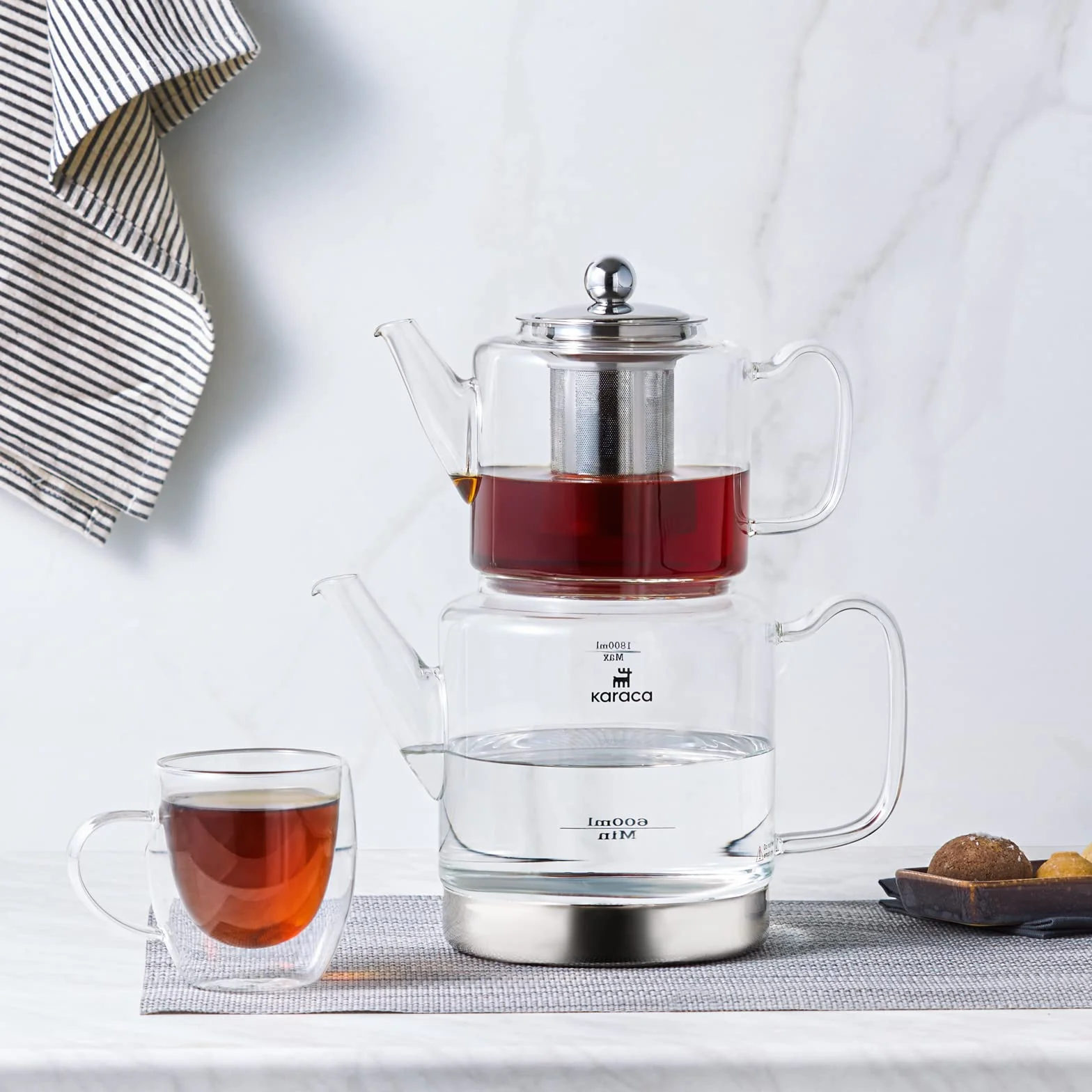 Karaca Dora Set de Théière en Verre Borosilicate avec Infuseur en Acier Inoxydable, Bouilloire de 2 L et Théière en Verre de 1 L avec Filtre, Théière Turque, Caydanlik