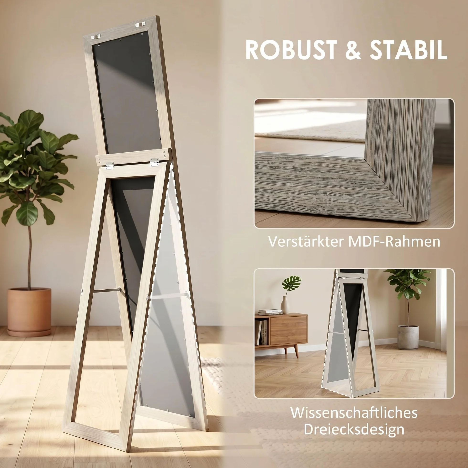 HOMCOM Miroir Rectangulaire sur Pied Mural ou à Poser avec Cadre en Bois 37 x 157 cm Gris