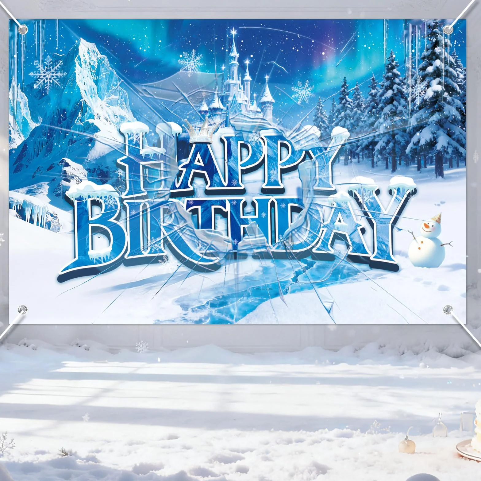 Toile de Fond Joyeux Anniversaire Château de Glace et Neige 150x100cm Bannière Anniversaire Princesse Hiver