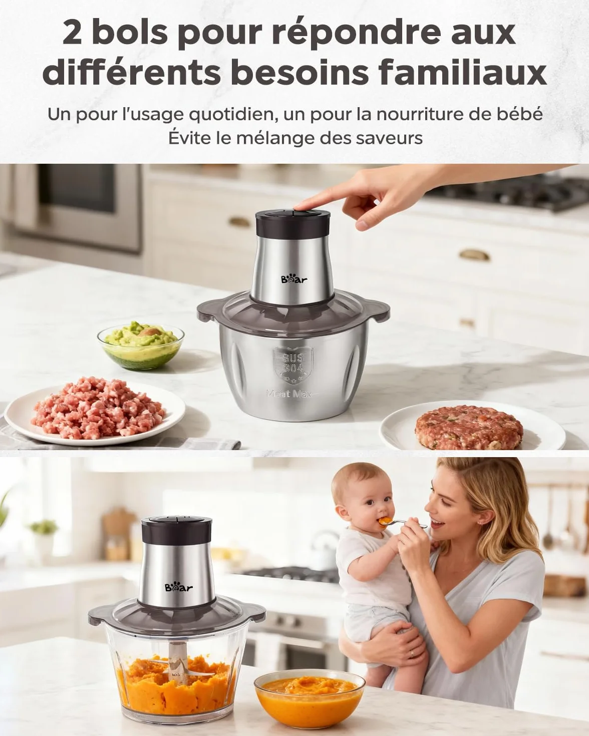 Bear 2L+1.8L Hachoir Électrique En Acier Inox, 600w 2 Vitesses, 4 Lames En Acier Inoxydable, Coupe Julienne Dans Un Récipient En Verre Pour La Viande, Les Aliments Pour Bébés, Les Fruits, Les Légumes