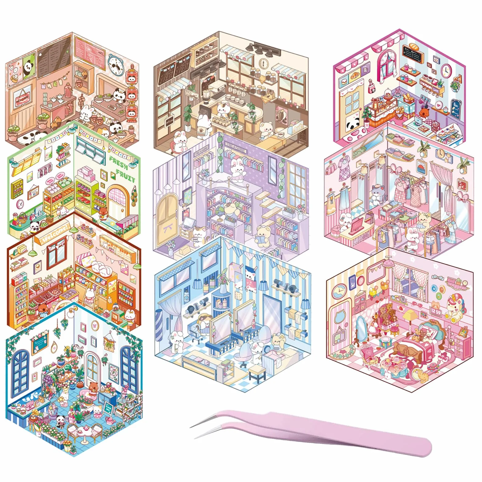 Autocollants 3D Maison 10 Pièces avec Pincette Anti-Stress Adultes Enfants