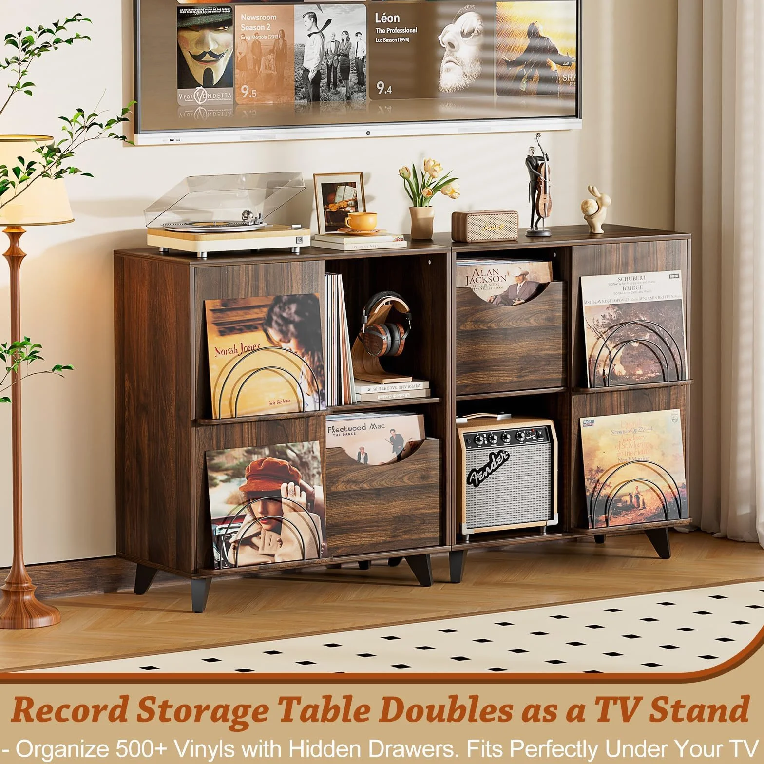 Bikoney Meuble Platine Vinyle avec Présentoir et 2 Tiroirs – Support en Bois et Meuble TV, Porte Vinyle pour Toutes Les Platines et Enceintes, Rangement pour Salon ou Chambre