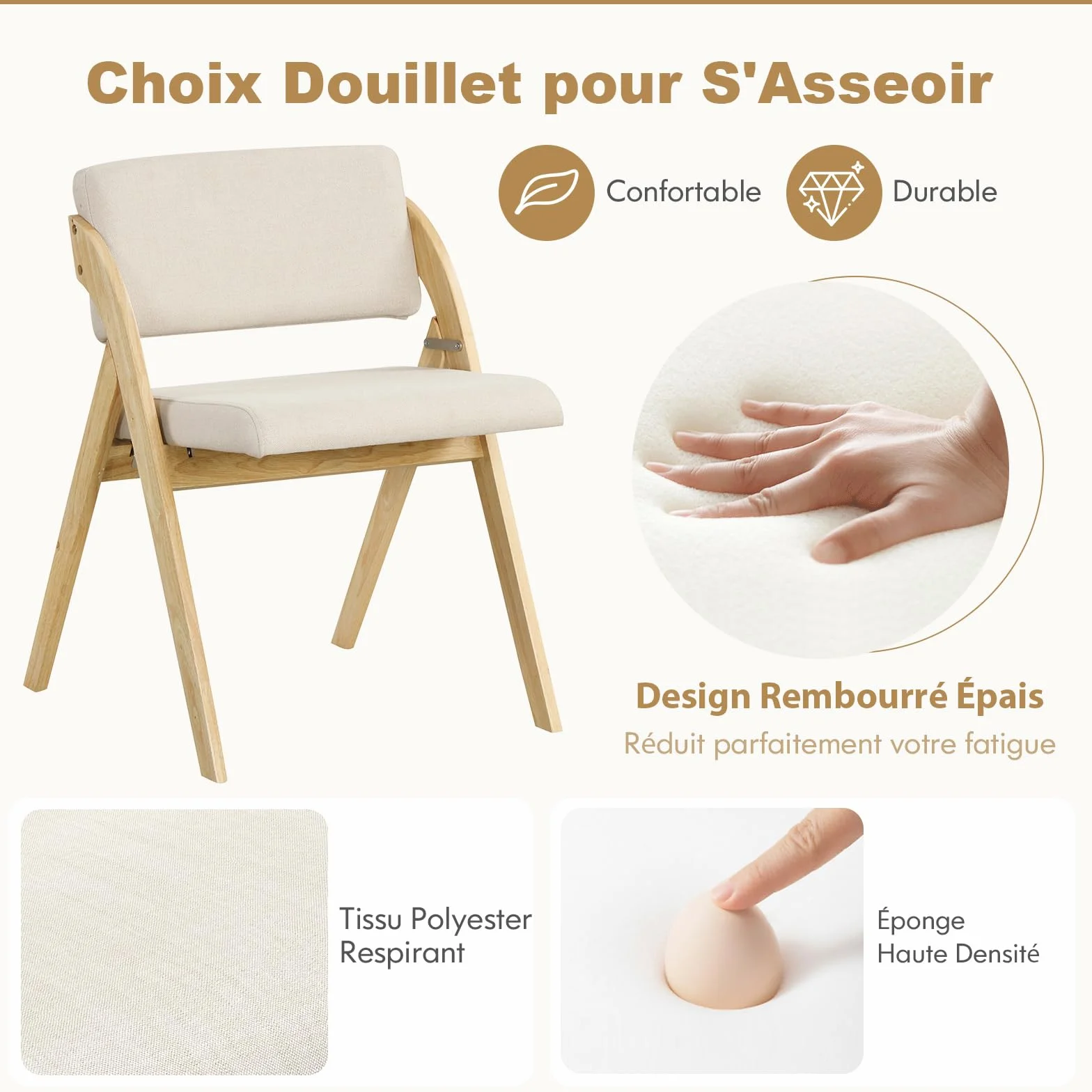 COSTWAY Lot de 2 Chaise Pliante, Chaise de Cuisine Pliable avec Pieds en Bois de Caoutchouc, Siège et Dossier Rembourrés, sans Montage (Naturel Beige)