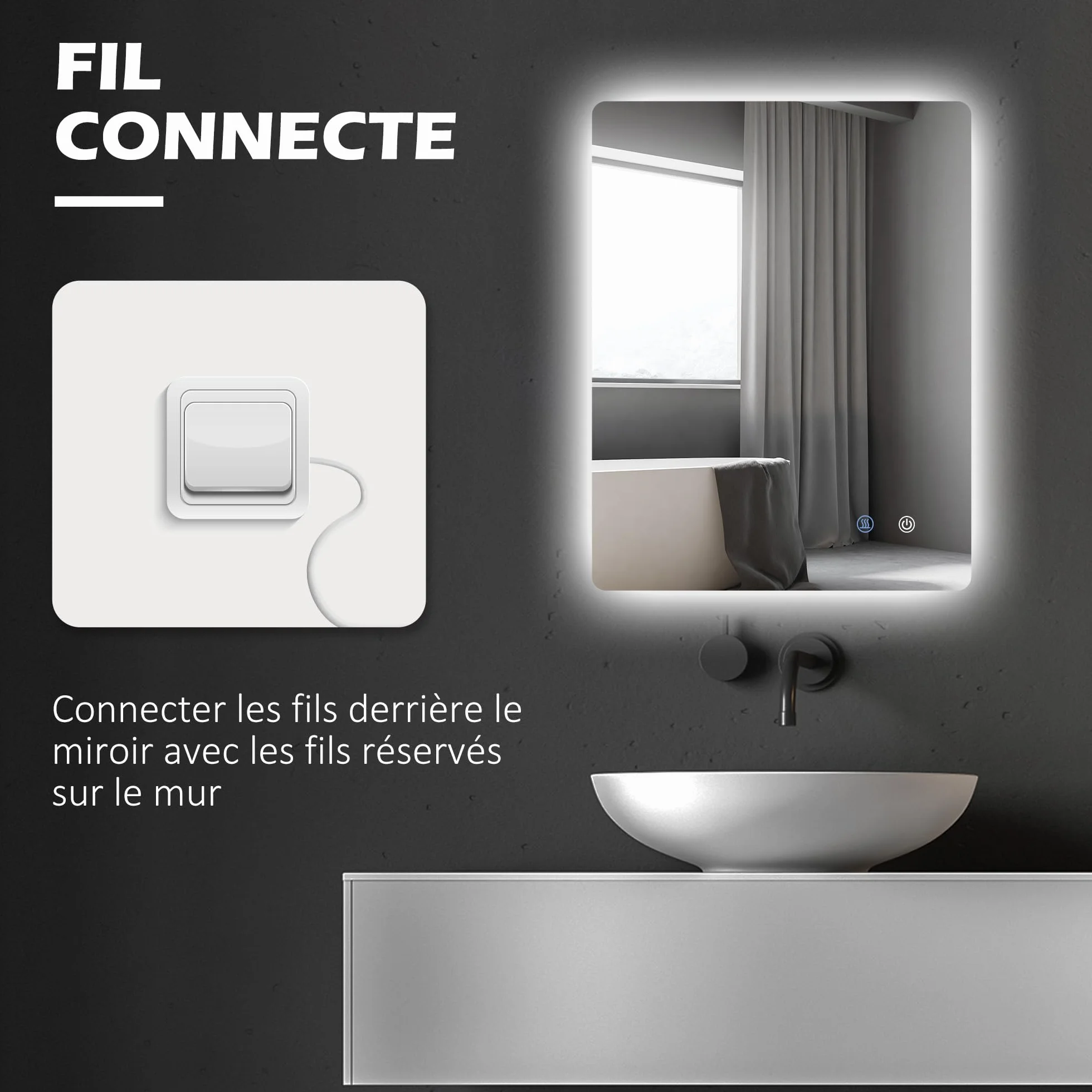 kleankin Miroir rectangulaire Mural Lumineux LED de Salle de Bain - 80 x 60 cm - 3 Couleurs, luminosité réglable Interrupteur Tactile système antibuée Blanc Transparent