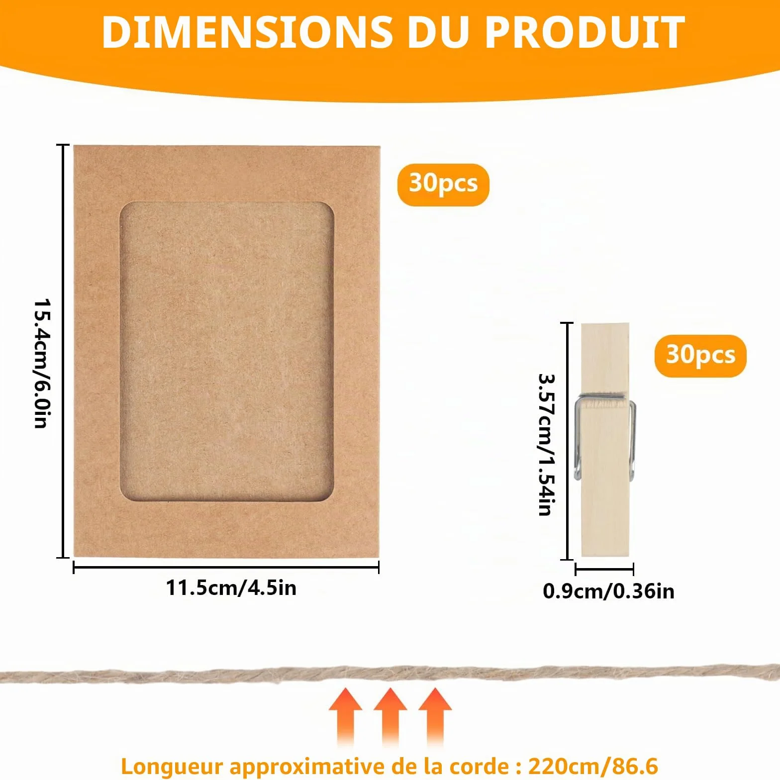 Cadres en Carton Kraft Papier avec Pinces en Bois et Corde de Chanvre, Décoration Murale (jaune lin)