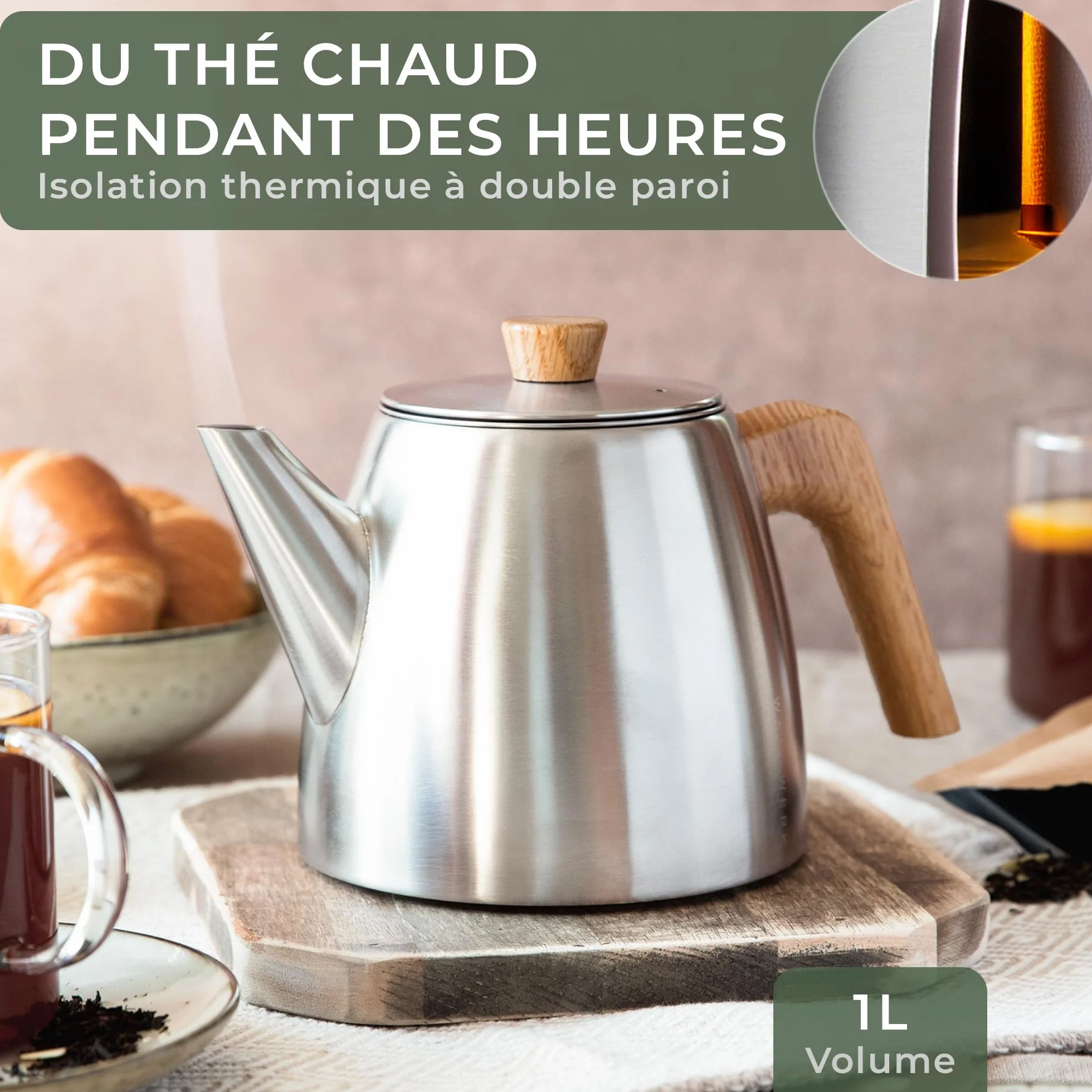 WALDWERK Théière avec Infuseur Inox à Double Paroi - Isotherme avec Poignées en Chêne - 100% Anti-goutte