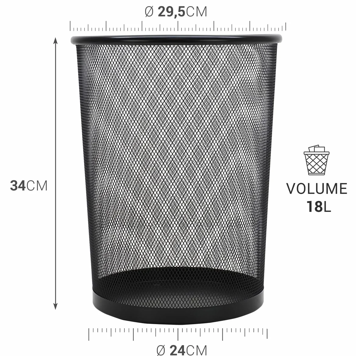 Waytex Lot de 3 Corbeilles à Papier Bureau Métal Mesh Noir 18L Diamètre 29,5cm x Hauteur 34cm