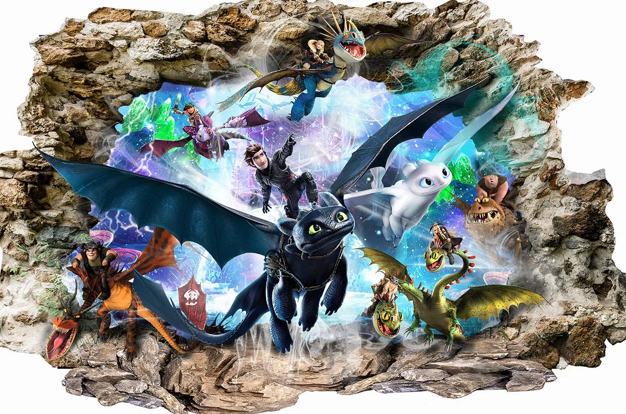 Stickers Muraux 3D Comment Entraîner Son Dragon 80 cm x 53 cm