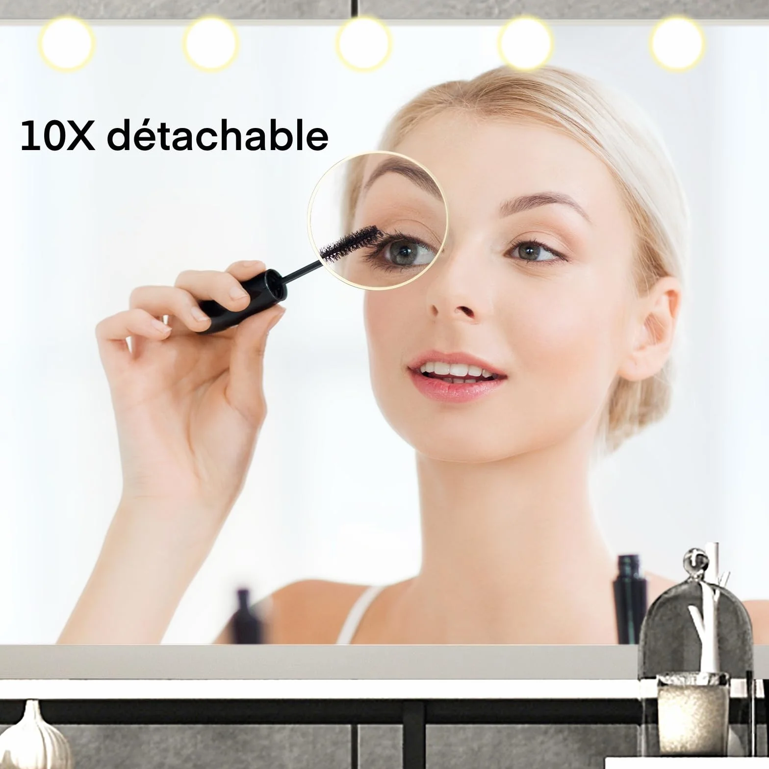 YOURLITE Miroir Maquillage Hollywood 58X45 cm,15 Ampoules LEDMiroir Coiffeuse Luminosité Variable avec Port USB, Contrôle Tactile avec Loupe Grossissante, pour Coiffeuse Miroir sur Table/sur Mur