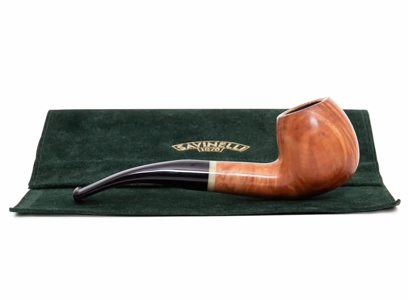 Pipe à Tabac Savinelli Primo Fumo modèle 626 trou 6mm, finition lisse naturelle en bois de bruyère, anneau chiné, complète avec étui en velours Savinelli