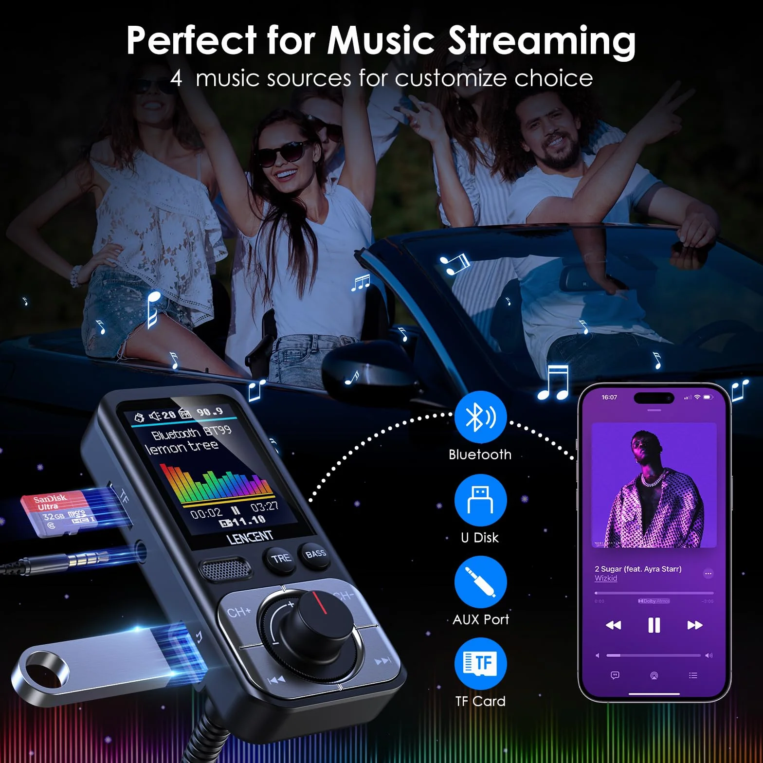 LENCENT 5.0 Samochodu Nadajnik FM Bluetooth z Adapter AUX, Bezprzewodowy Adapter z Szybka Ładowarka QC3.0 USB-A, Zestaw Głośnomówiący, Wzmocnienie Tonów Wysokich i Niskich Muzyki HiFi, Obsługa Kart TF