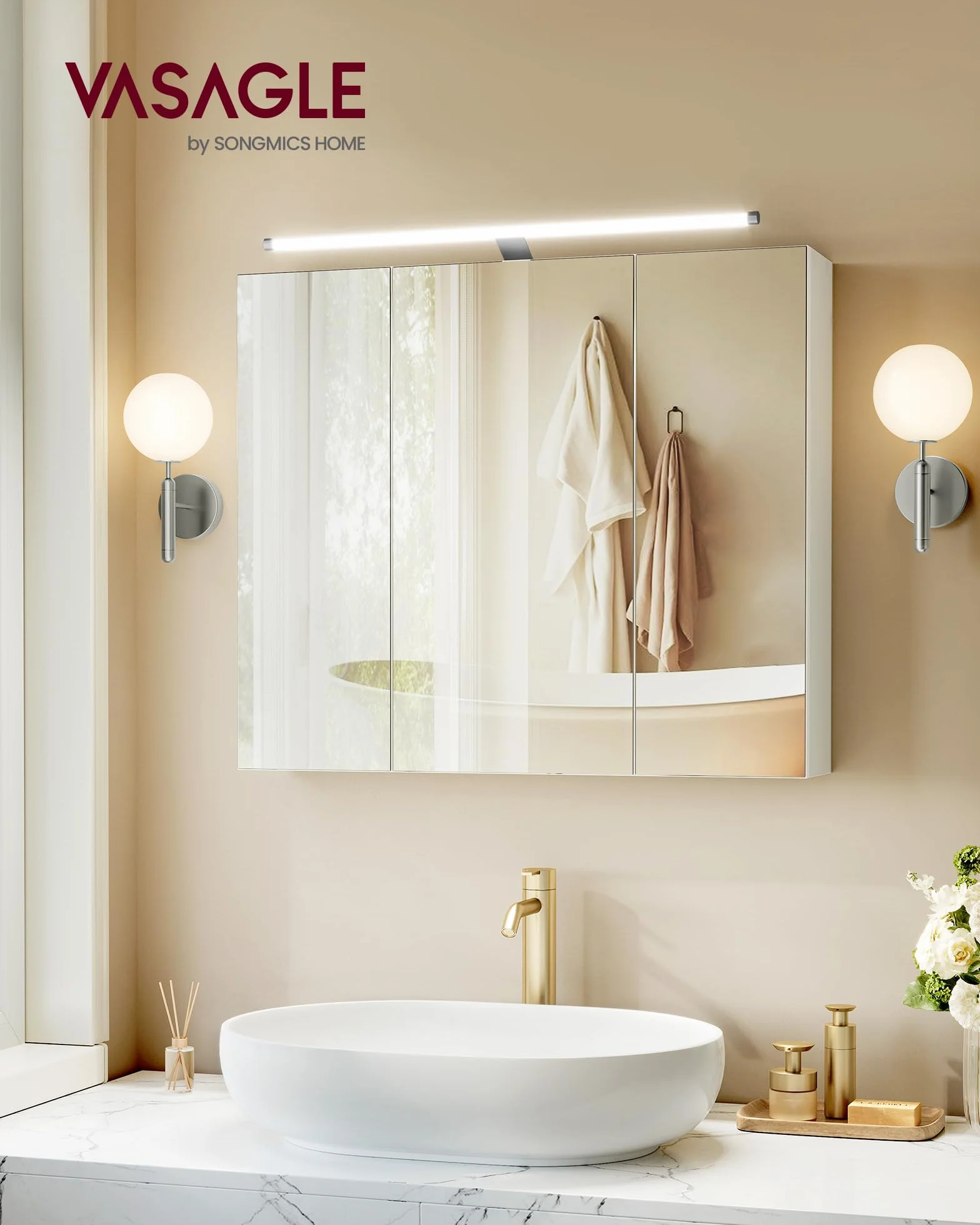VASAGLE Kailyn Collection - Armoire Murale à 3 Portes Miroir avec Éclairage, Meuble de Salle de Bain, Étagères Réglables, Style Moderne, 15 x 70 x 60 cm, Blanc Nuage BBK139WB01