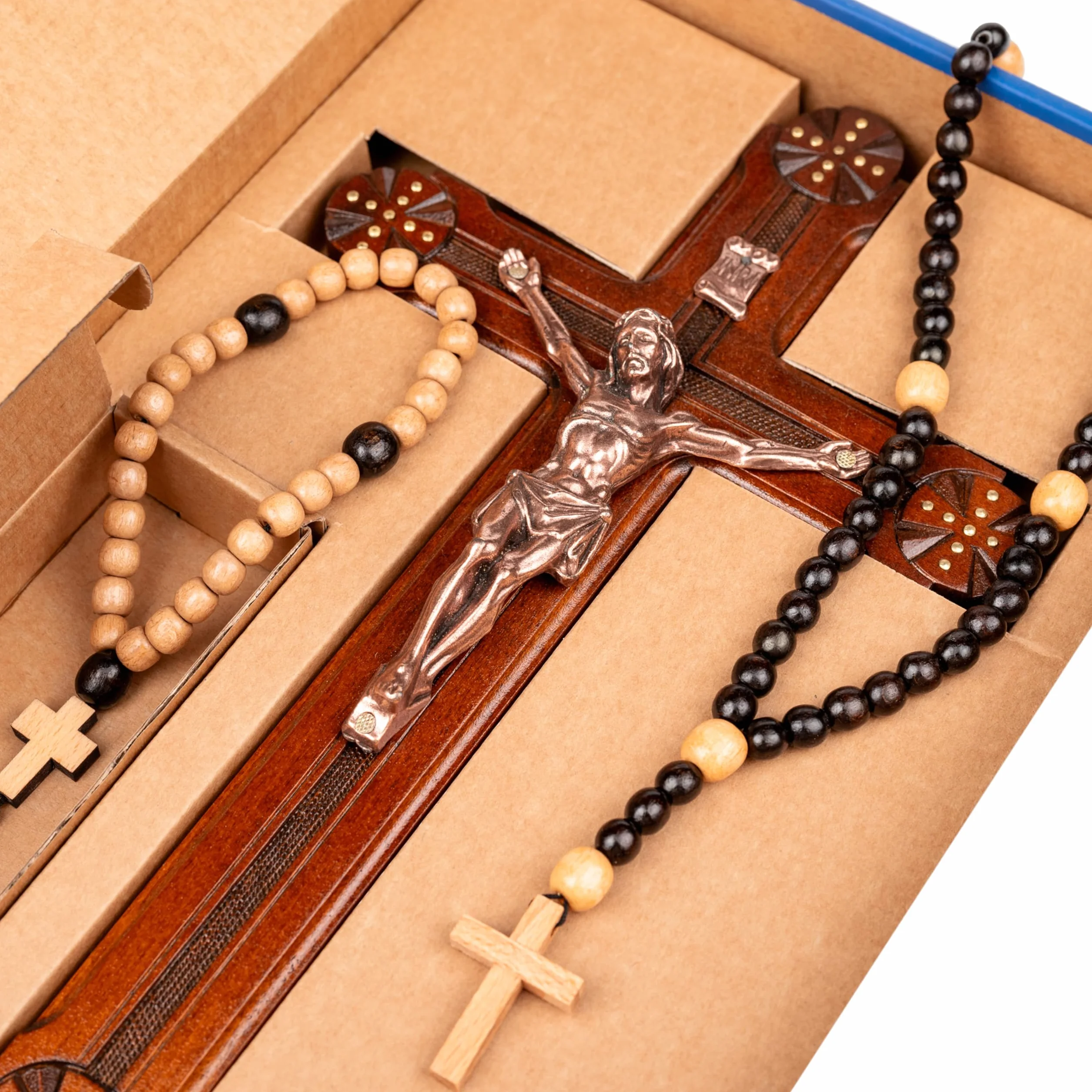 Woodvio - Croix murale en bois faite à la main, finition sculptée à la main, crucifix catholique