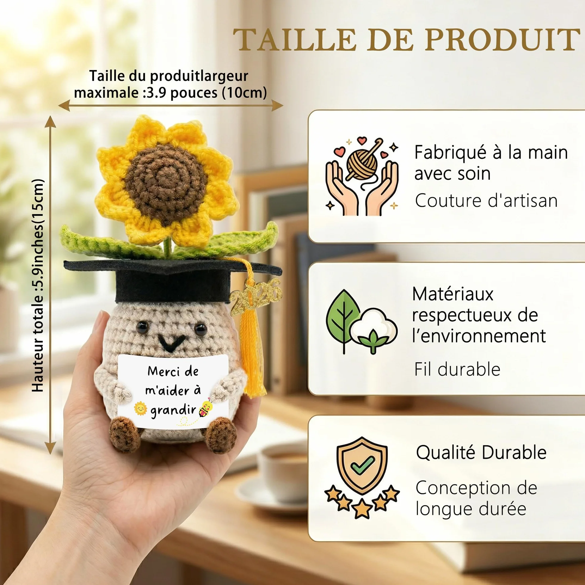 Cadeau Maîtresse d'École Fin d'Année - Tournesol au Crochet Fait Main - Idée Cadeau pour Retraite, Noël