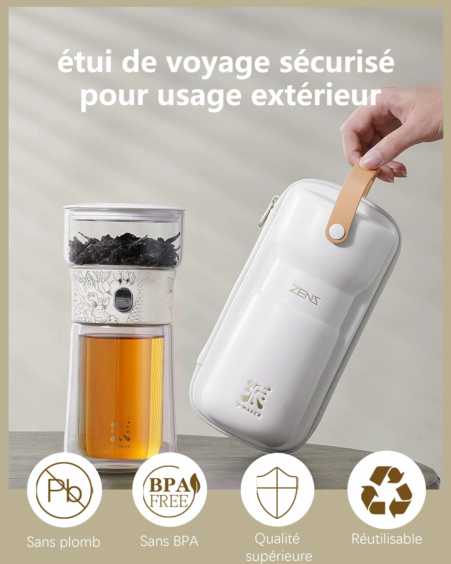 ZENS theiere avec infuseur, magique à une seule touche théière en verre pour Thé en Feuilles vrac sans dégâts, Cool Machine à Thé avec Tasse isotherme et sac de portable, à offrir en cadeau