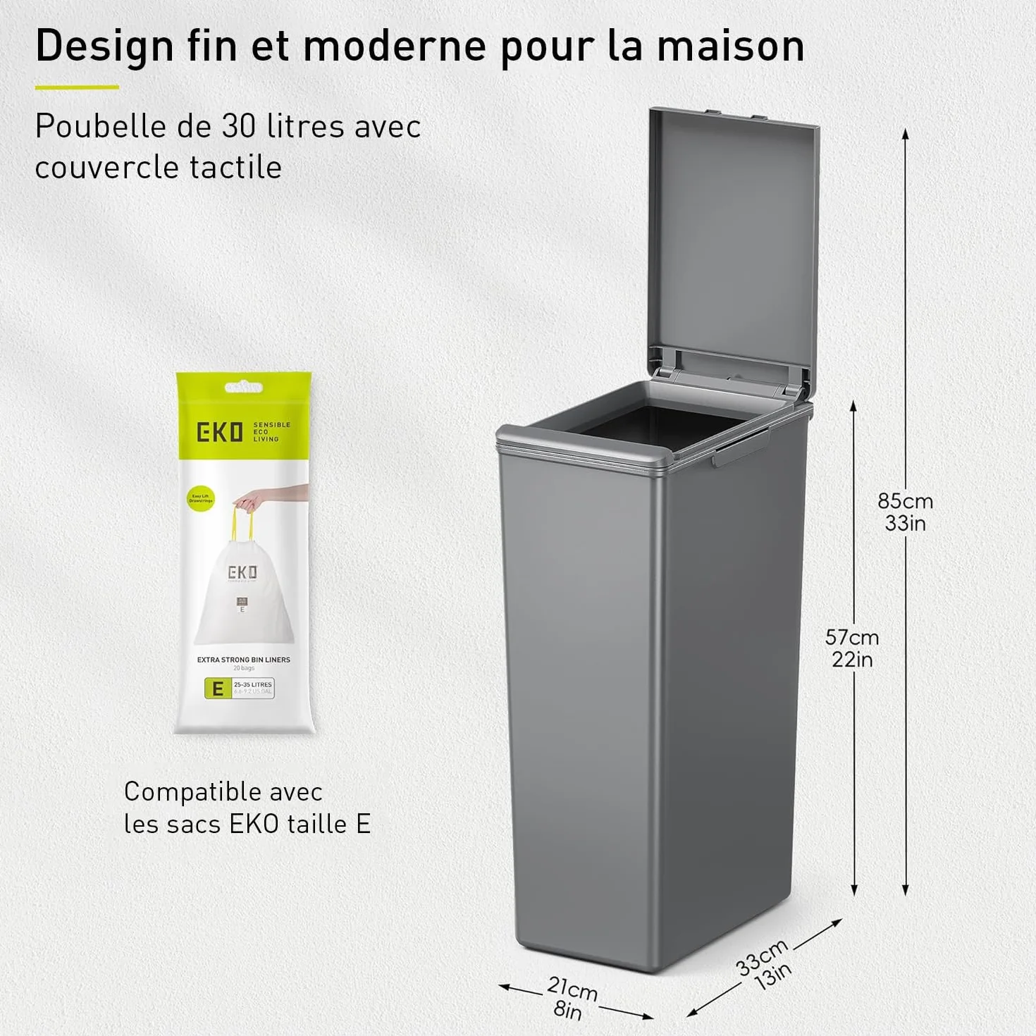 EKO Poubelle de Cuisine Morandi 30 L Ouverture Tactile Gris Foncé