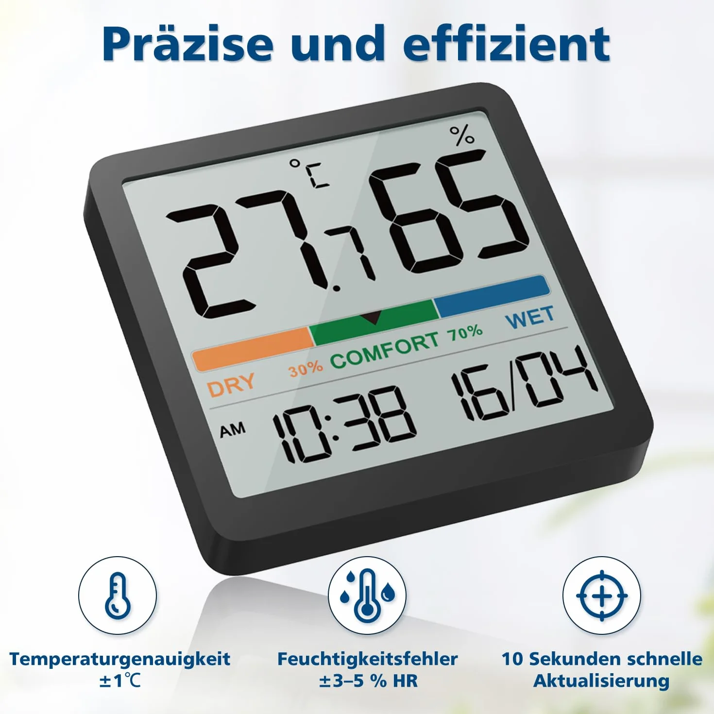 NOKLEAD Thermomètre d'ambiance numérique Hygromètre d'intérieur avec date horloge Indicateur de confort Noir