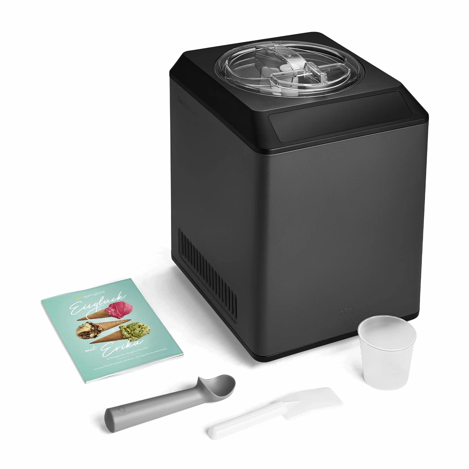 SPRINGLANE sorbetière & yaourtière Erika 2,5 L avec compresseur auto-refroidissant 250 W, sorbetière en acier inoxydable (Noir avec réservoir à glace, 2,5 L)