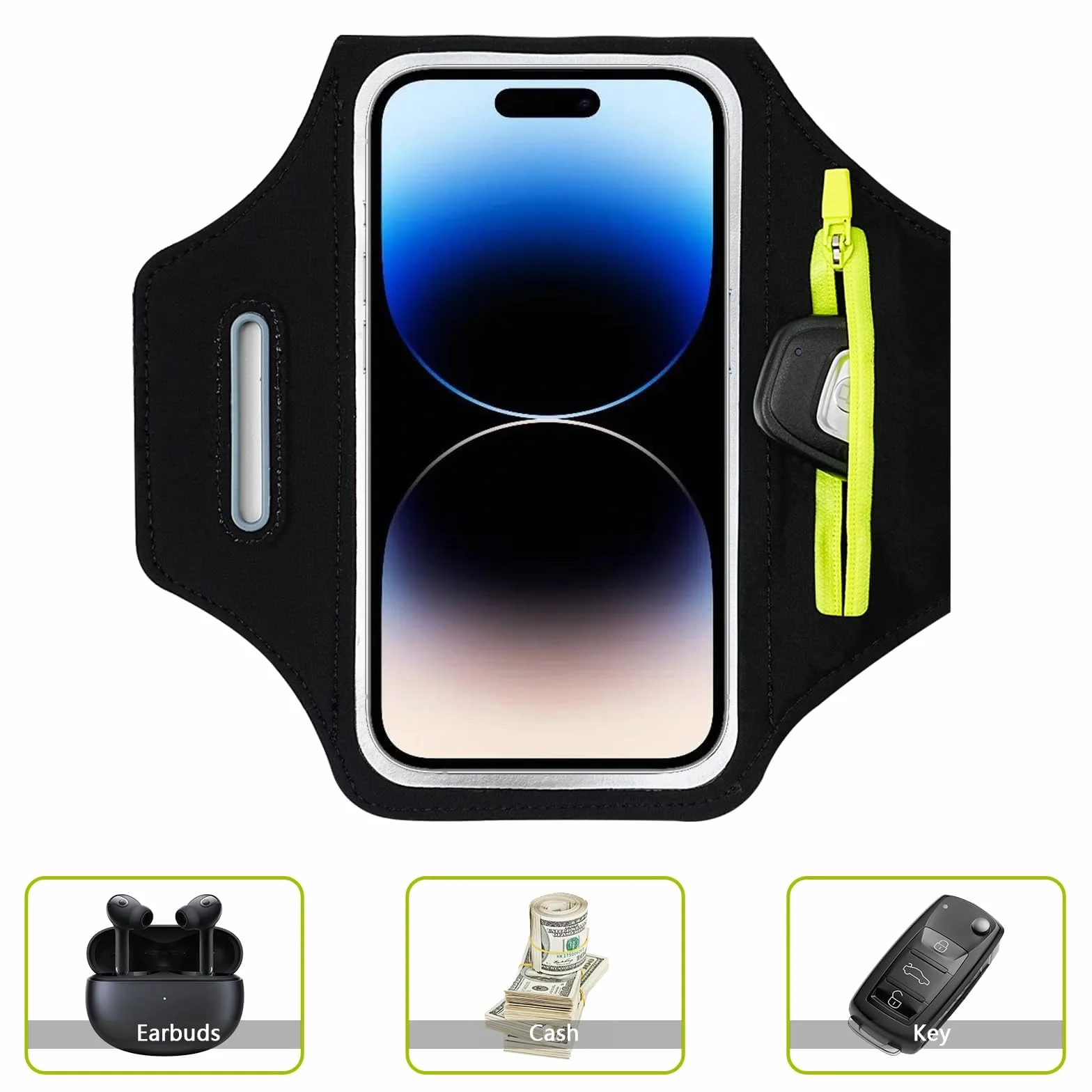 TRIXES Czarna opaska na ramię do biegania z akcesoriami torba na słuchawki pasuje do iPhone'a 15 Pro Max/14 Pro/13 Pro Max/12/12 Pro/11/XR/XS/X/8 Plus - nadaje się do smartfonów do 6,7 cala