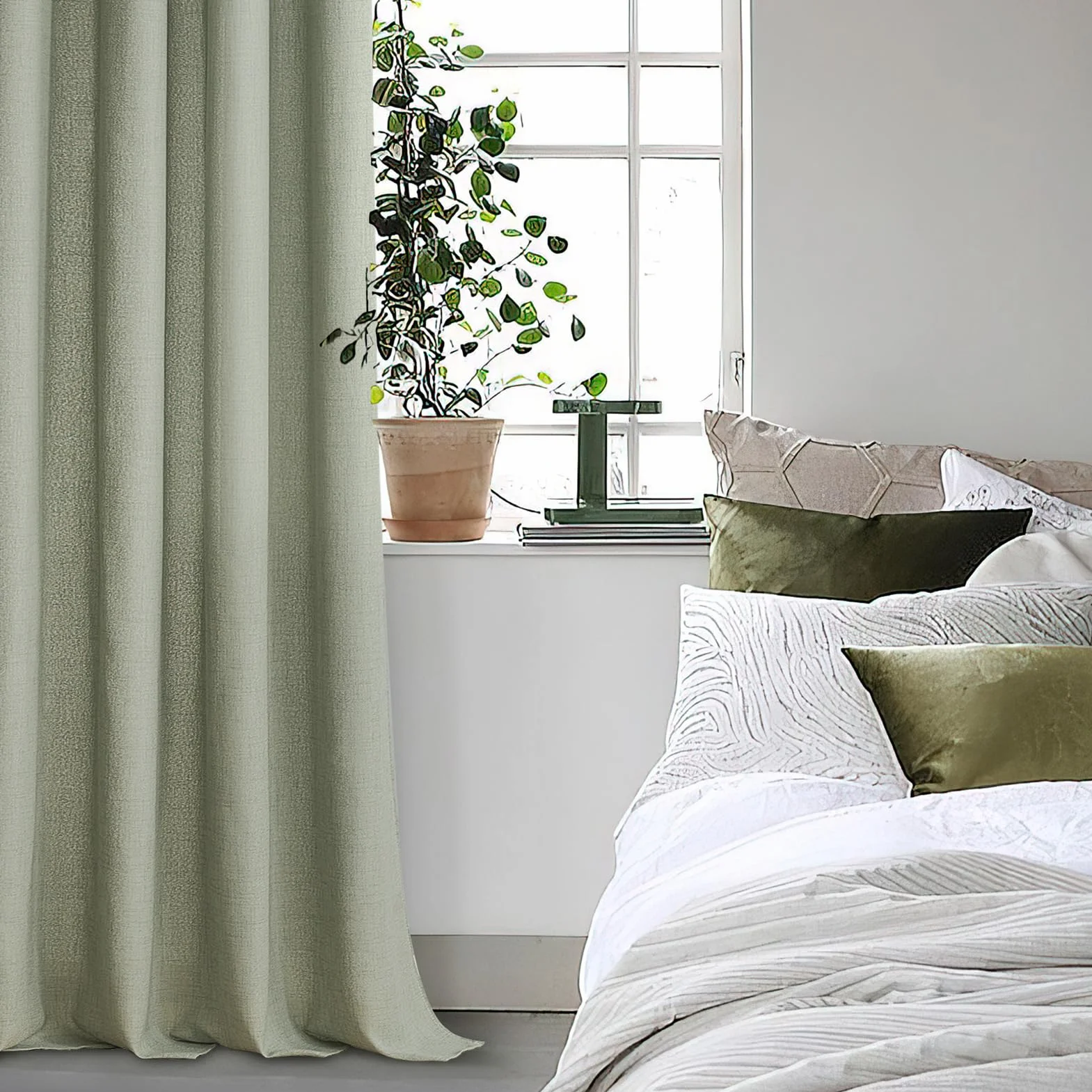 Lot de 2 Rideaux Voilage en Lin 140x200 CM Vert Sauge Semi-Transparent à Oeillets pour Fenetre Porte Balcon Chambre Salon