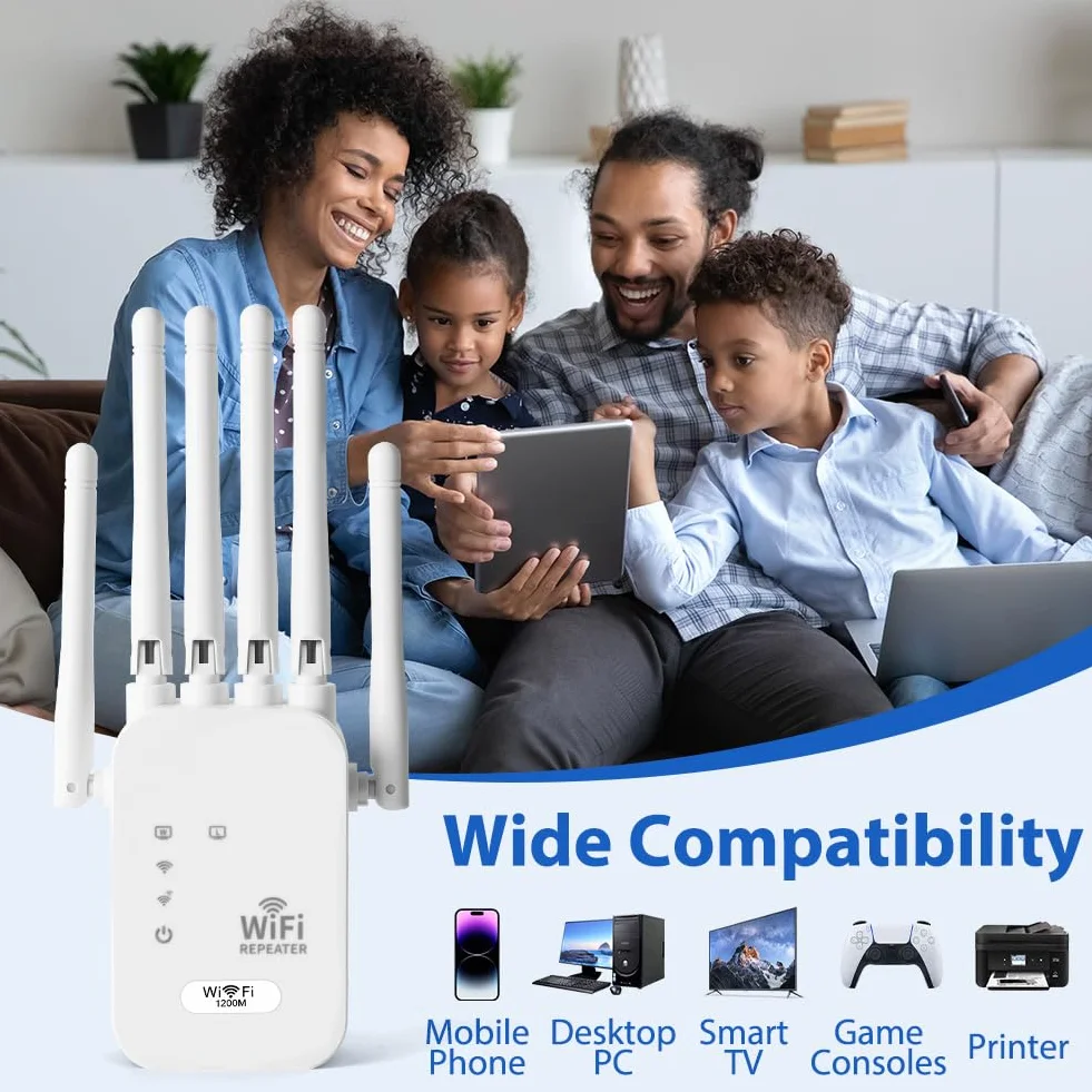 Wzmacniacz WiFi, wzmacniacz sygnału WiFi AC1200, Dual Band Repeater 5 GHz i 2,4 GHz z 6 antenami zewnętrznymi, przedłużacz Wi-Fi zasięg ponad 300 metrów dla biura, domu biały