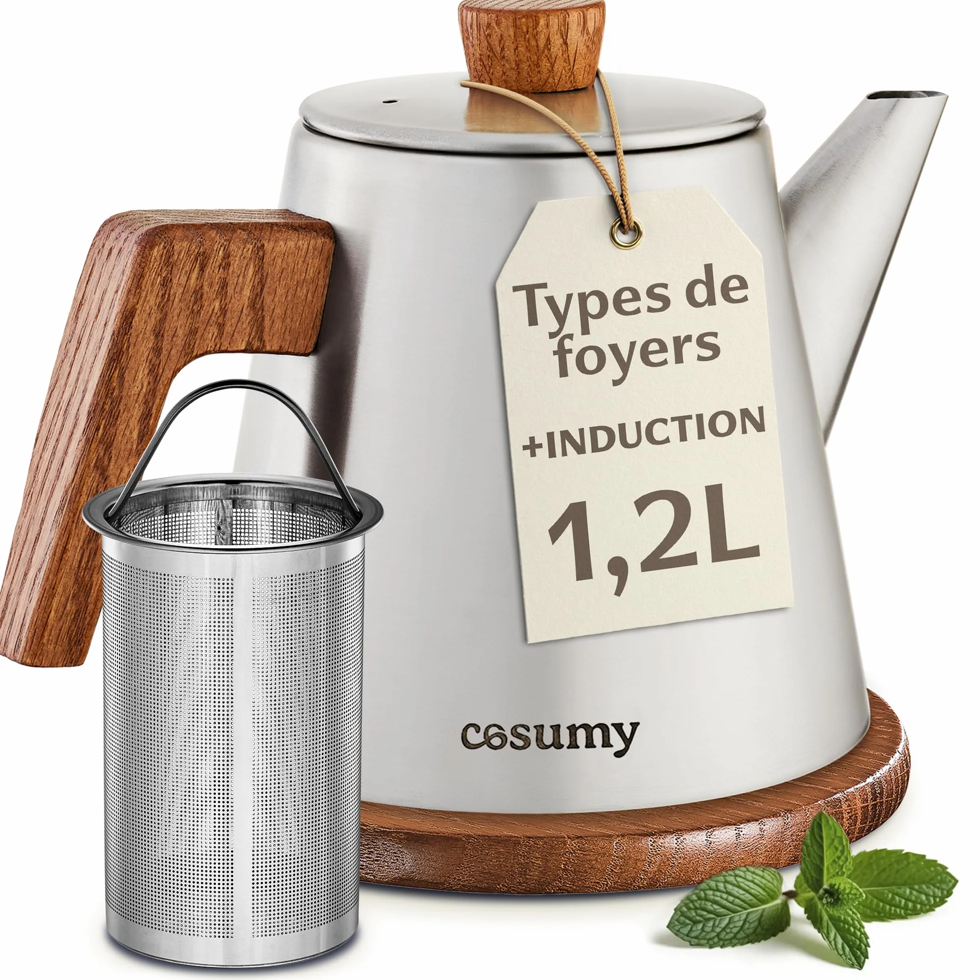 Cosumy Théière avec Filtre et Sous-Verres 1,2 litre - Bouilloire Pour induction et autres plaques de cuisson - Acier Inoxydable et Bois FSC