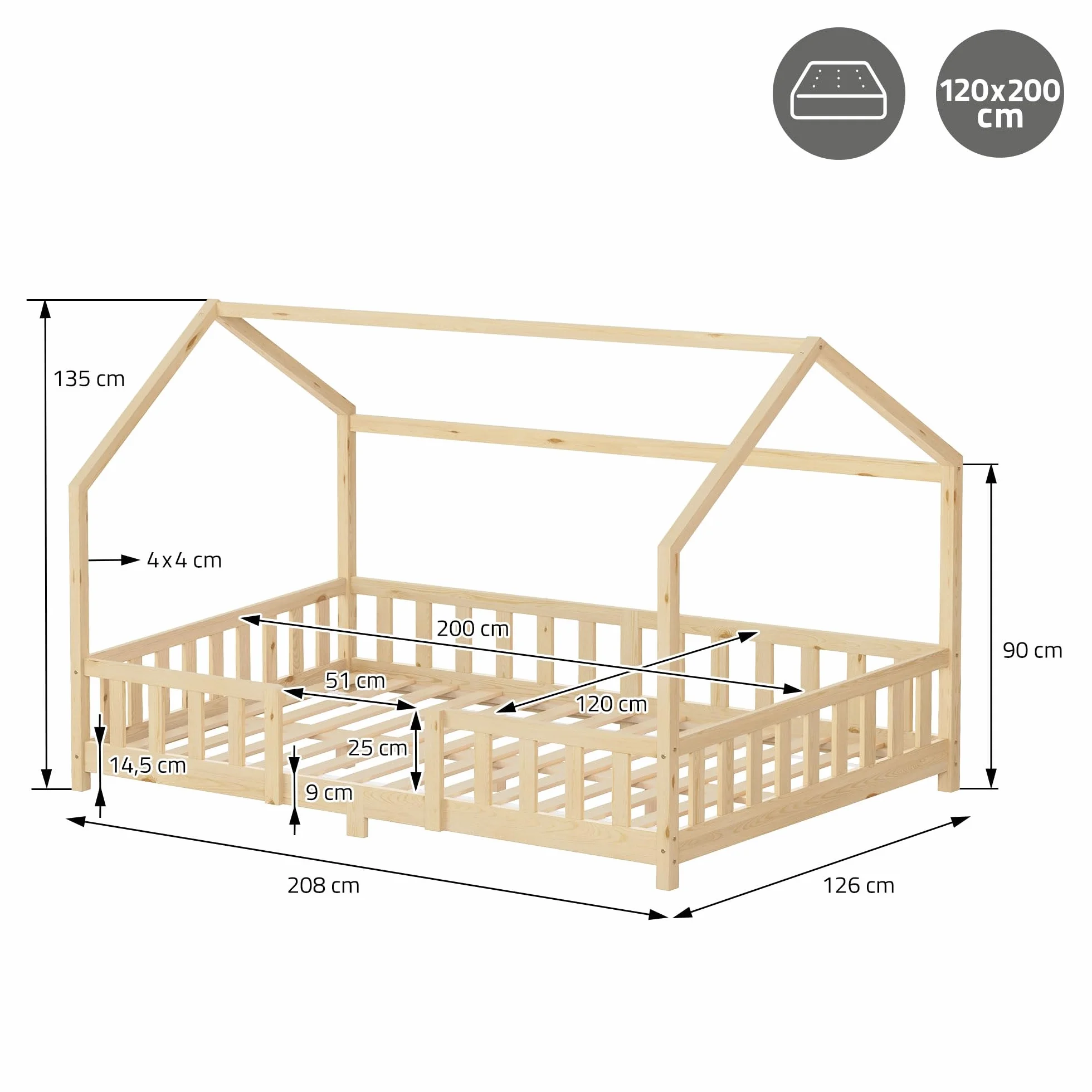 ML-Design Lit Cabane Enfant 120x200 cm Naturel (Beige) en Bois avec Protection Étendue Anti-Chute, Toit et Sommier à Lattes, Style Maison, Couchage Maisonnette Lit Double pour Adolescent Fille Garçon