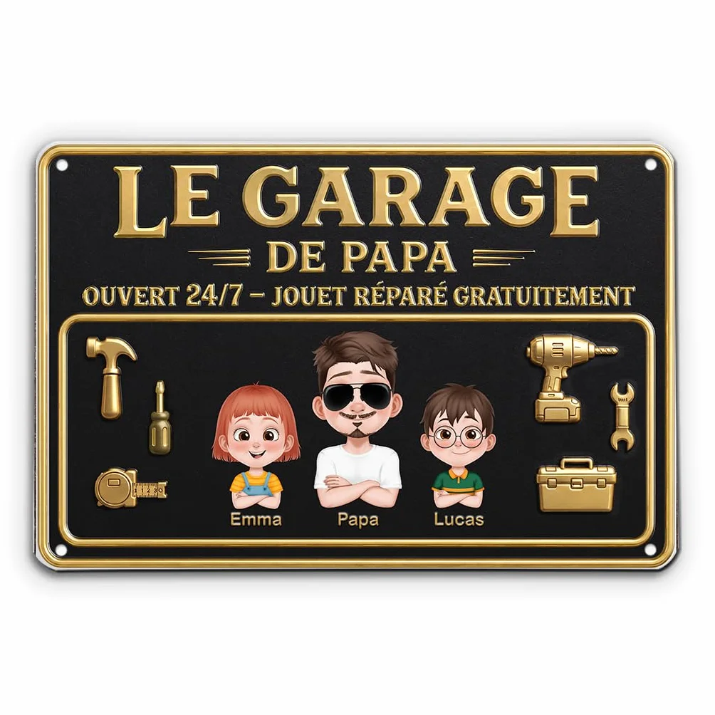 Plaque Métal Personnalisée Garage De Papa Papy - Cadeau Fête des Pères (2 Enfants)