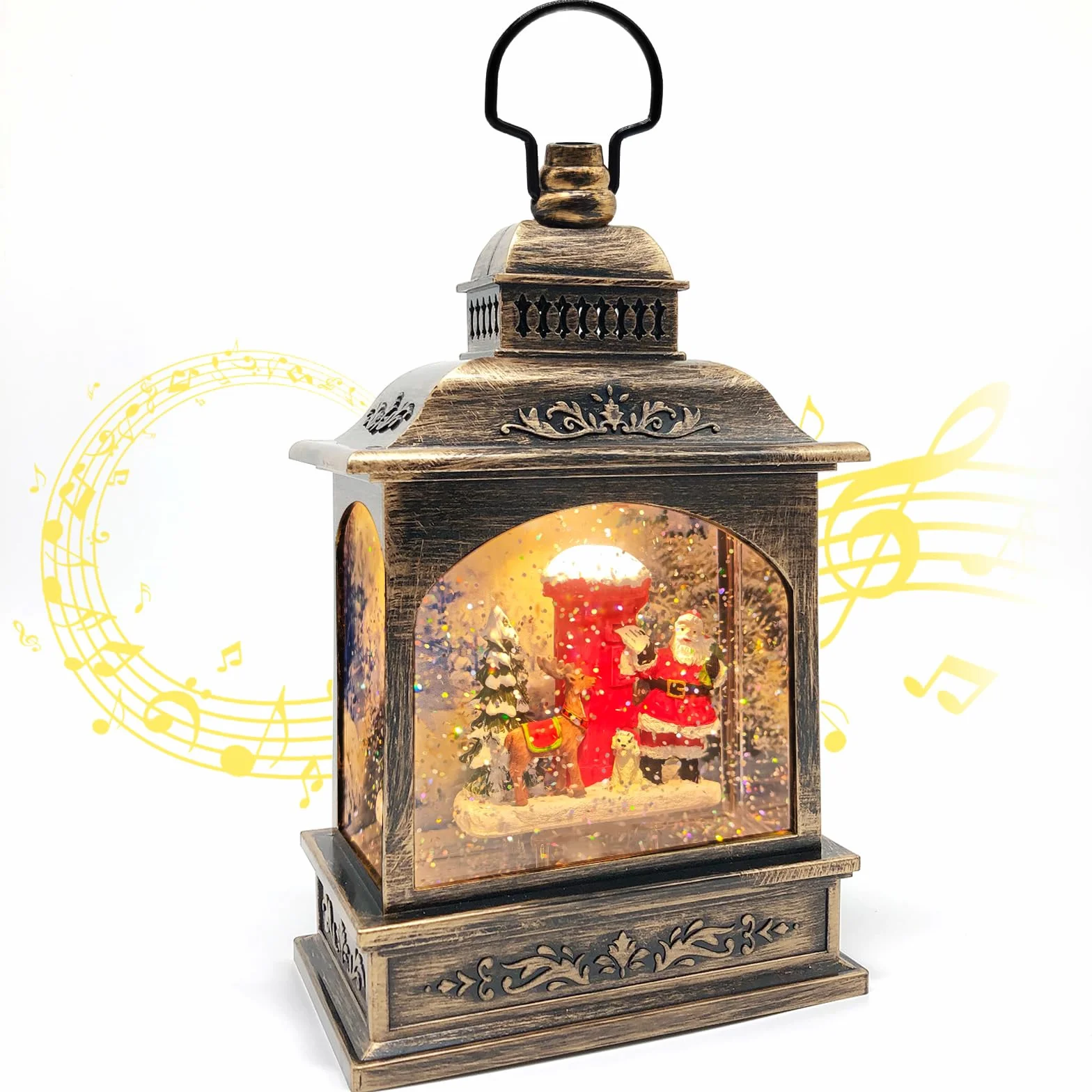 Lanterne Boule à Neige de Noël, illuminée et Musicale avec minuterie, Lanterne rotative du Père avec Projection, décoration de Scintillante, Cadeau (Père Noël + boîte aux Lettres)
