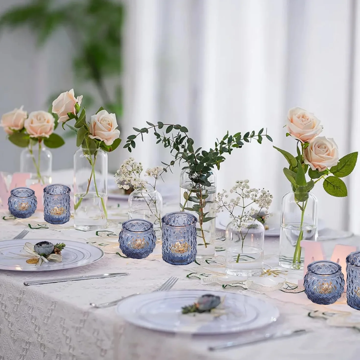 Lot de 12 bougeoirs en verre assortis pour fête prénuptiale, centre de table de mariage, décoration d'intérieur (12, bleu)