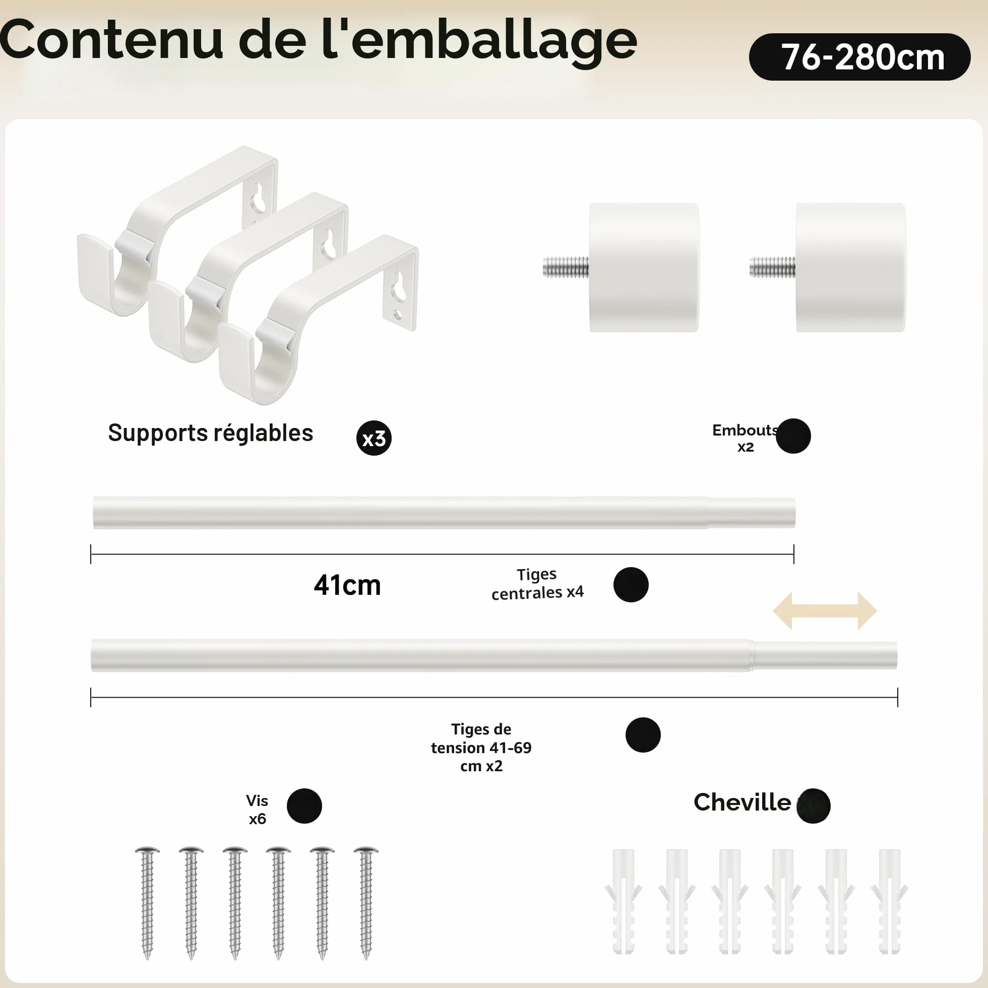 Tringle à rideaux extensibles 76-280 cm diam. 19 mm réglable à œillets décorative chambre